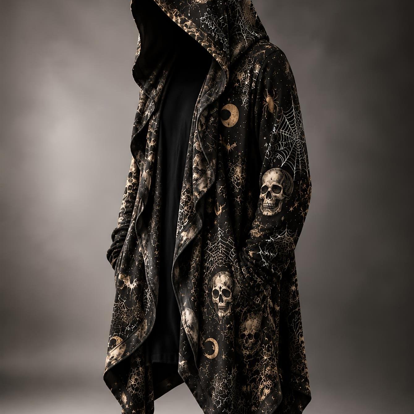TEMU Men's Halloween Hooded Cape Jacket, Gothic Skulls, Spiderwebs, Crescent , And Stars , Perfect For Daily Occasions Halloween Costumes, Holiday