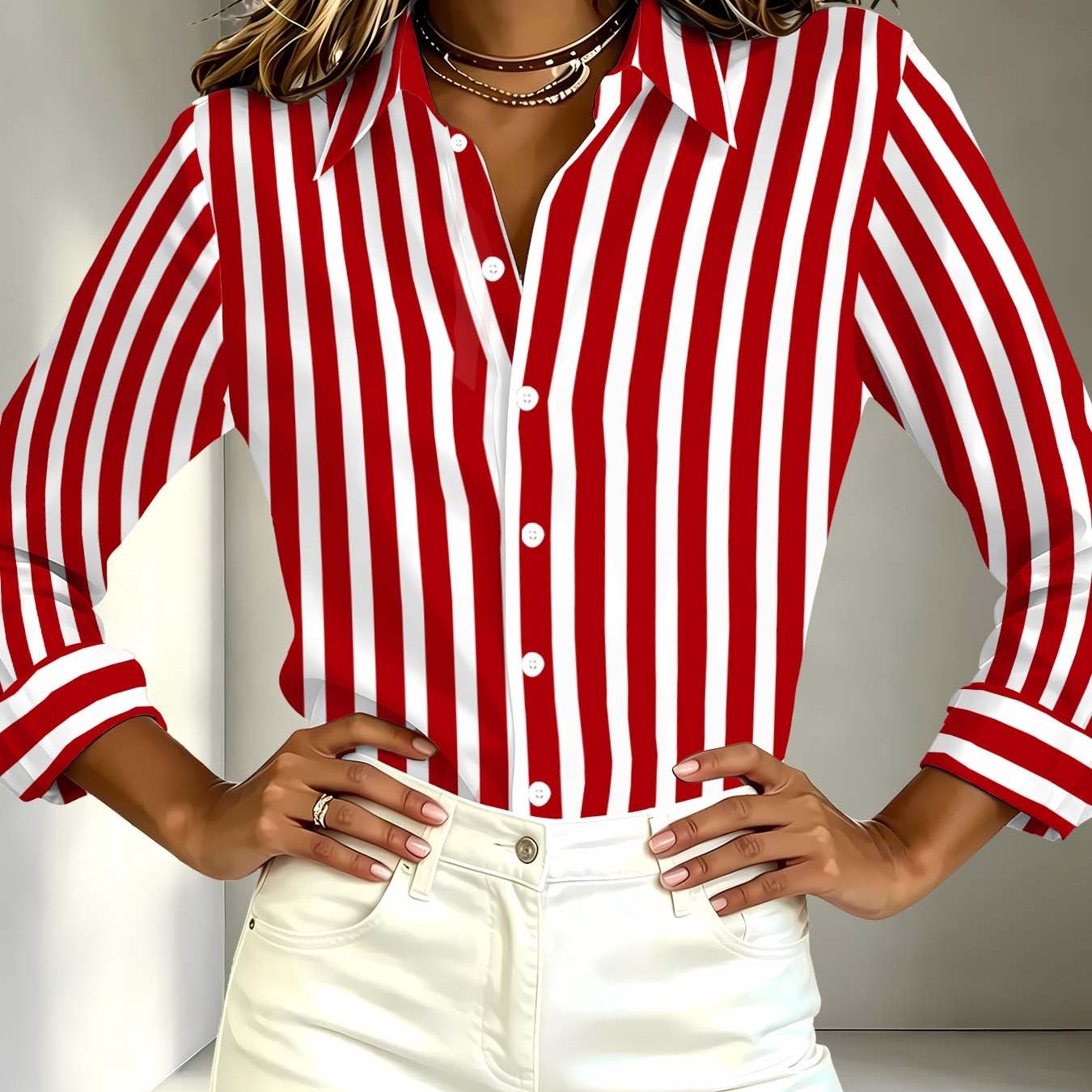 TEMU Red And White Vertical Striped Long Sleeve Shirt For Women, Classic Lapel Single-breasted Button-up Loose Fit Temperament Commuter Blouse