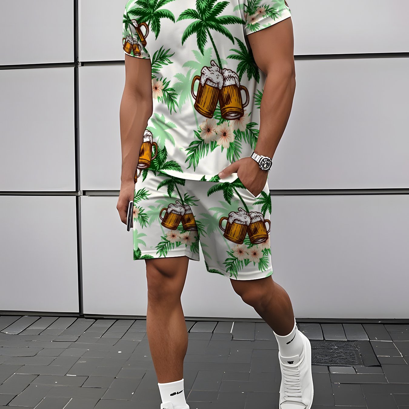 TEMU Completo da a maniche corte con stile hawaiano, abbigliamento casual per con motivo da e birra, abbigliamento estivo per vacanze al mare