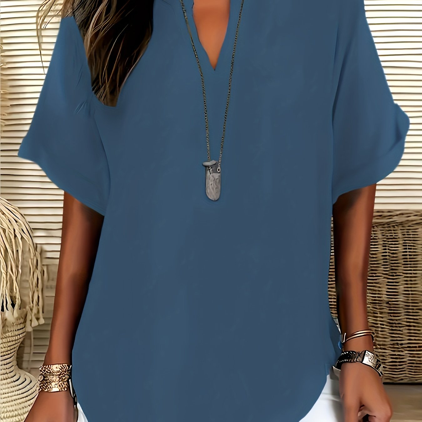 Elegant Solid Color Small V-neck Large Size Shirt