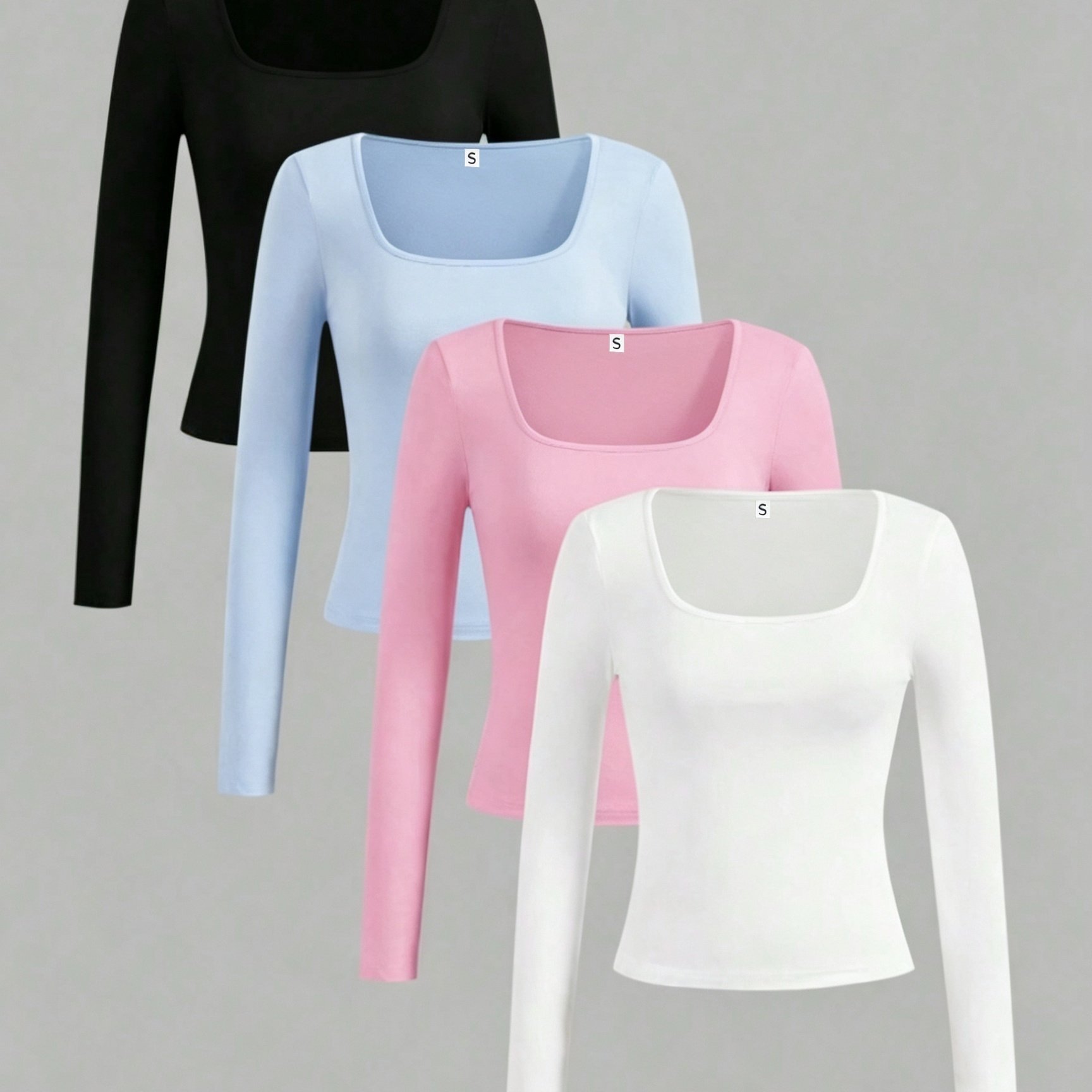 TEMU 4pcs Set, Casual Easy Style Multicolor Slim Fit Square Neck Long Sleeve T-shirts, Suitable For Women's Wear, Spring Autumn Winter Collection