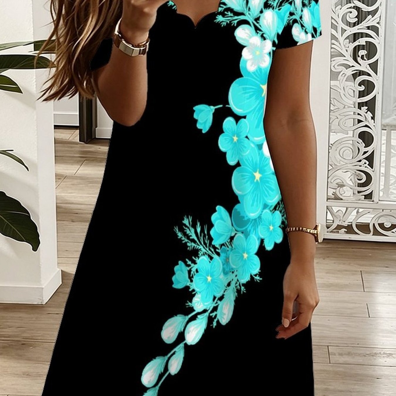 Plus Size - Summer -neck Short Sleeve Dress, All Over Geometric , Elegant Women Dress For Vacation Casual Party