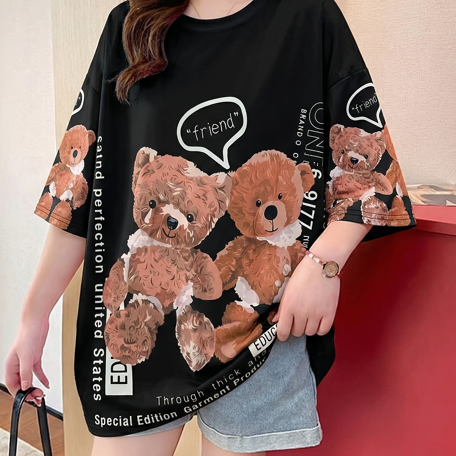TEMU Summer Trend Large Size Women's Slim Loose Medium Long Cartoon Short-sleeved T-shirt