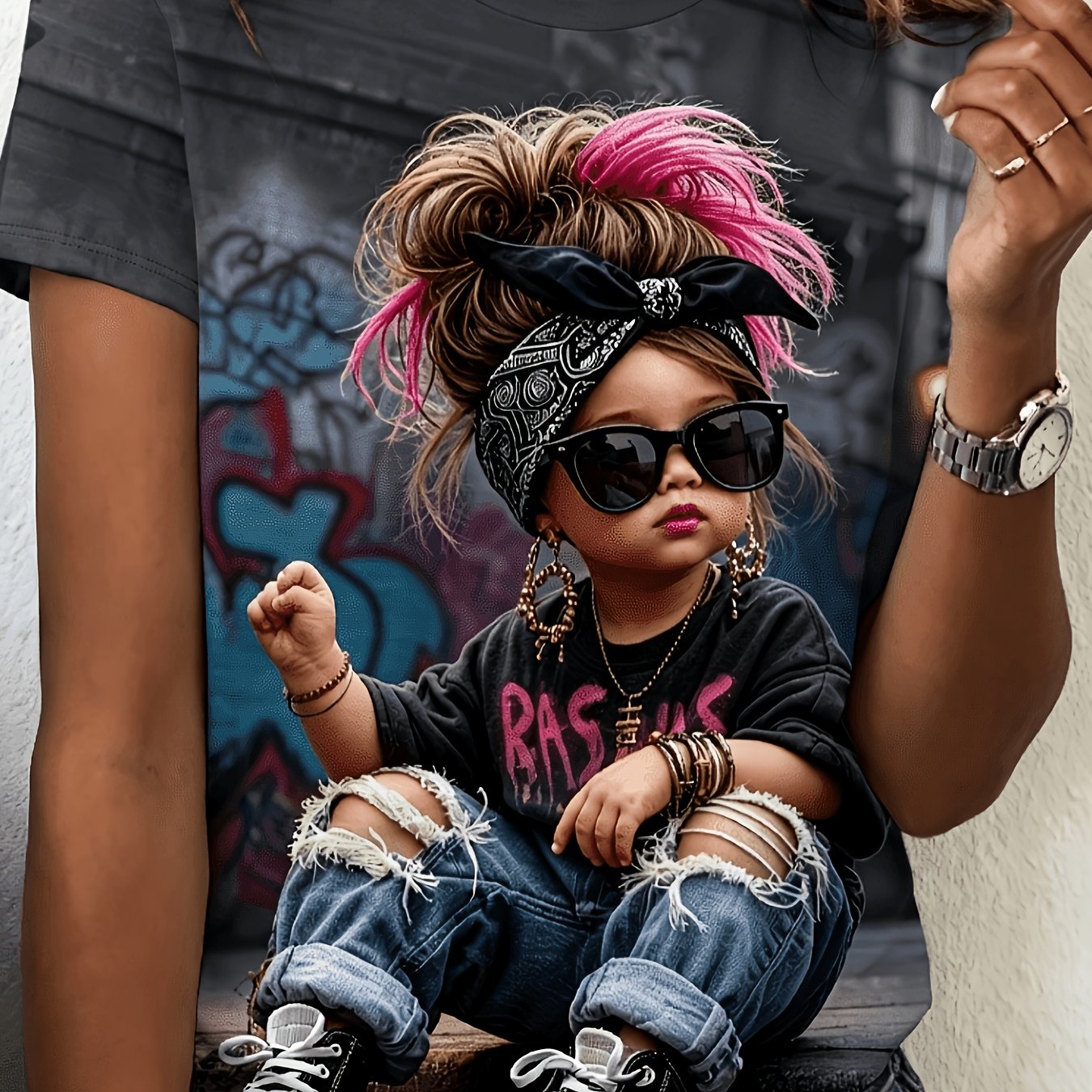 TEMU Street-style Cool Motorcycle , Suitable For Spring And Summer, Casual Attire, Home And Vacation, Short-sleeved, Size Women's Round-neck T-shirt,