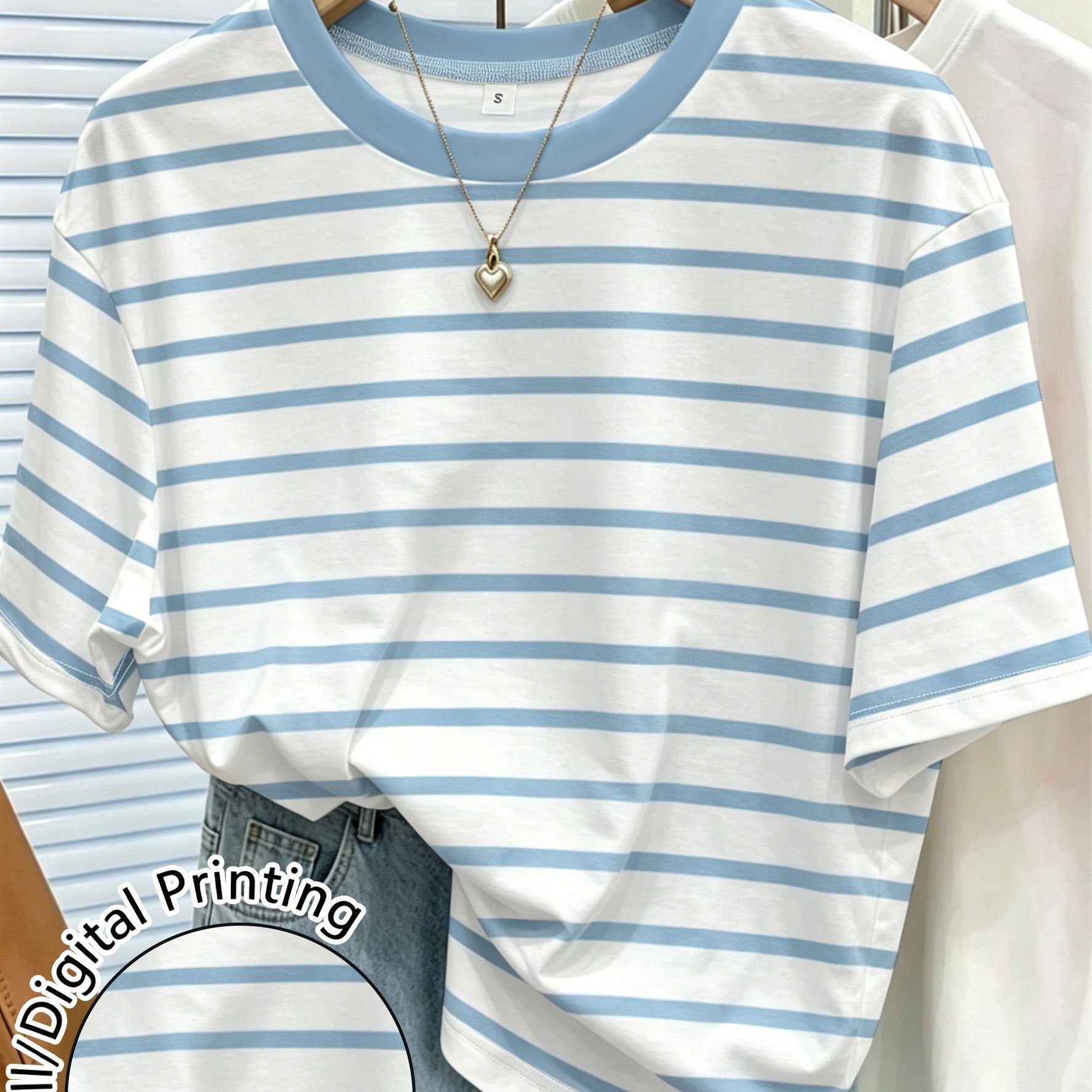 TEMU Women's Striped Printed Crew Neck Short Sleeve T-shirt, Casual Comfortable Versatile
