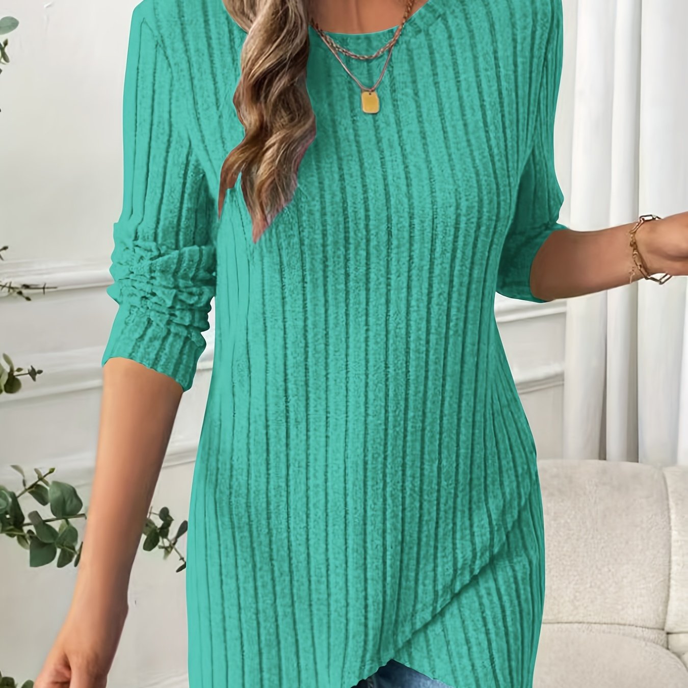 Elegant Special Garden Collar Long Sleeve Ribbed Irregular Front Hem
