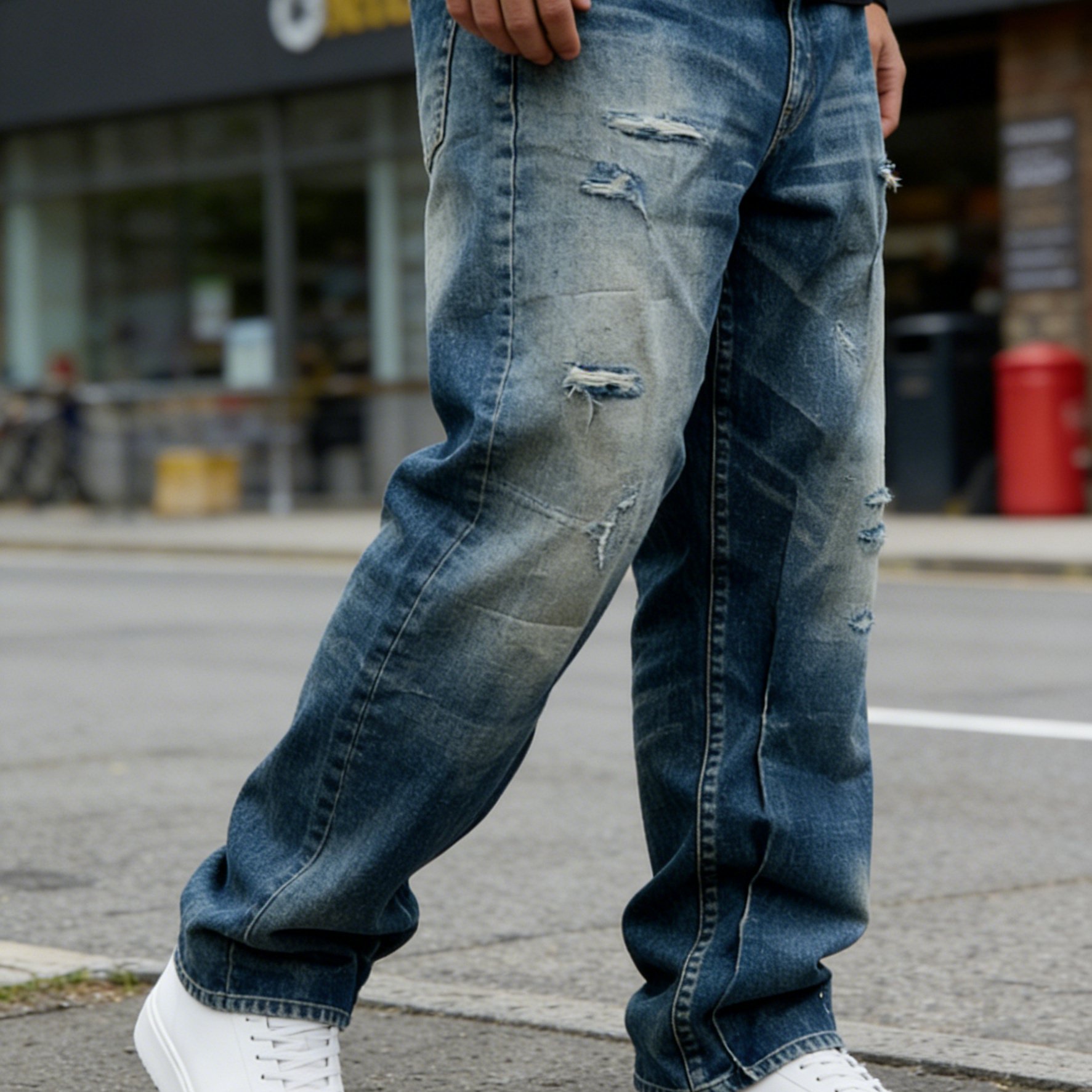 Image of [allsro] H314 Four-season -street Gradient Blue Men's Jeans, Vintage Washed Non-stretch Fabric, Built-in Y2k Zipper& Button Closure, Must-have Jeans For Style