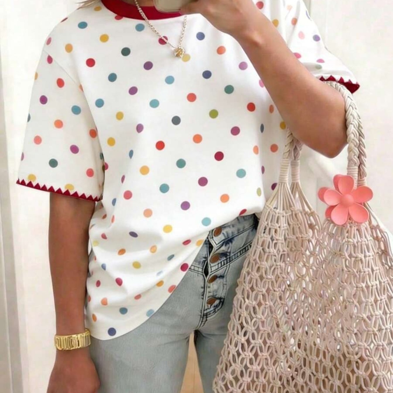 TEMU Plus Size, Polka Dot Crew Neck Casual Short-sleeved T-shirt, Plus Size Women's T-shirt, Summer Style