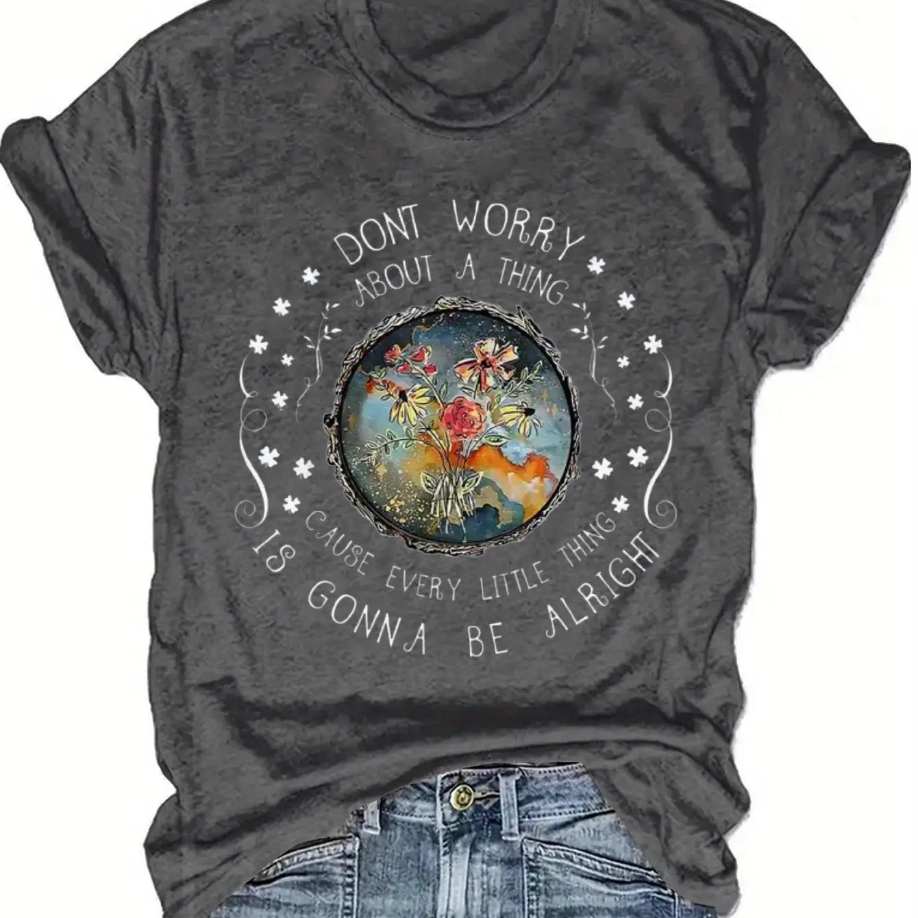 Colorful 'don't Worry' Earth Art T-shirt - Bohemian Style With Colorful Patterns, Suitable For Music Festivals And Casual Attire, Trendy Short-sleeve Women's Autumn Clothing