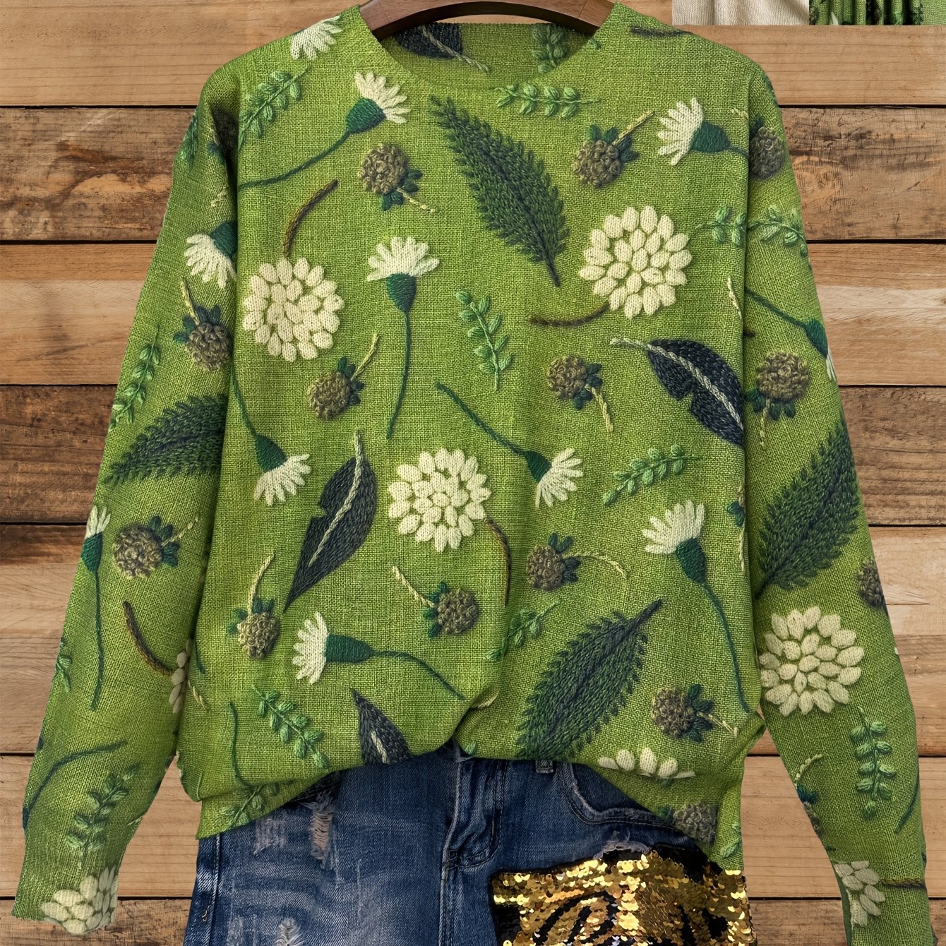 Image of [printed Design - Not Textured] [ Print] [thin] [sweater] Print Green Dandelion Leaves Thin, Casual Crew Neck Long Sleeve Sweater, Women's Clothing