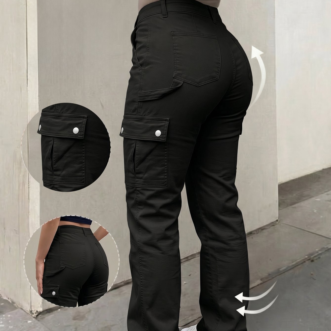 TEMU Women's High Waist Straight Leg Cargo Pants, Button Flap Side Pocket Hip Lifting Relaxed Fit Utility Trousers For Daily Street Outdoor Vacation