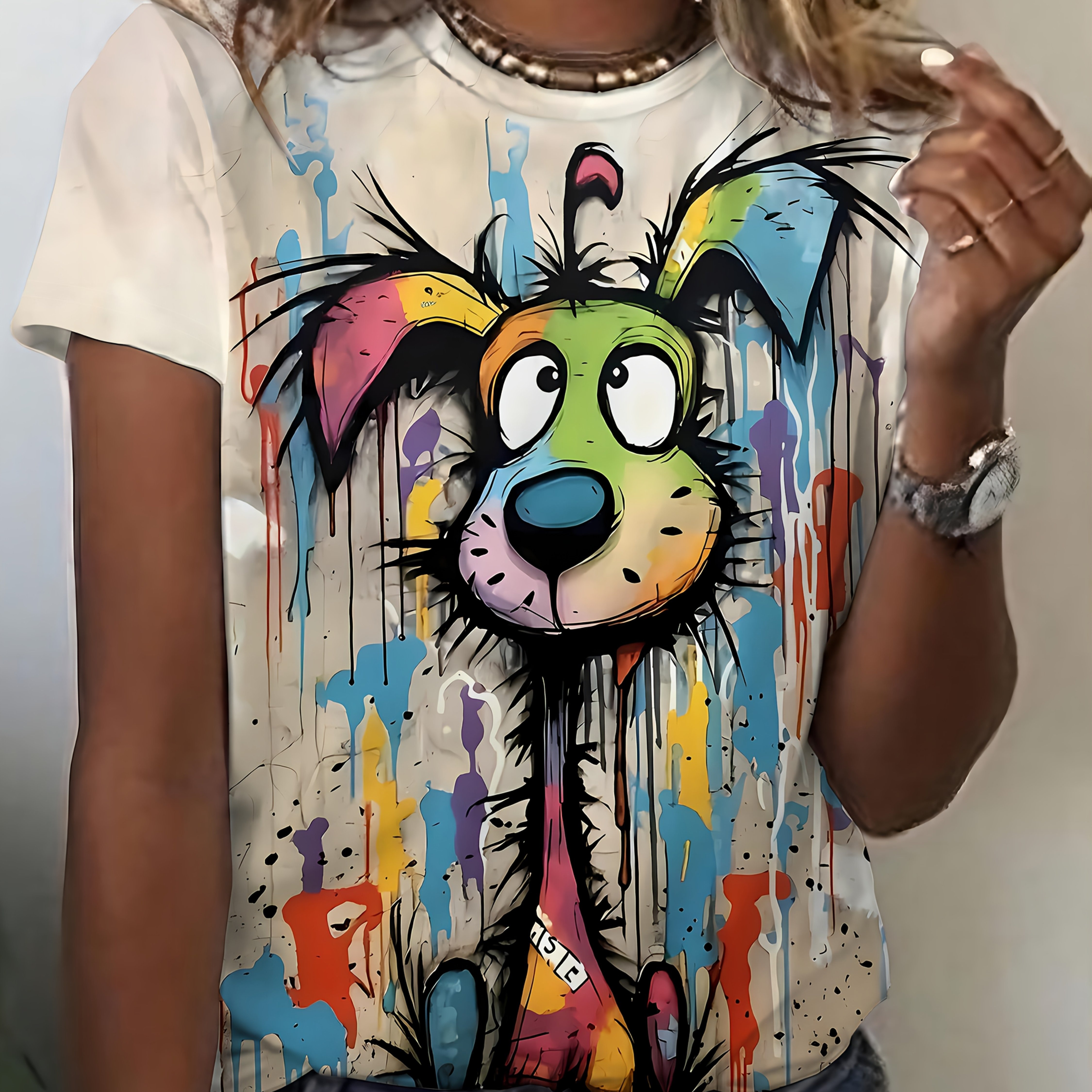 Image of Print Round Neck T-shirt, 2d Original Painting, Creative Fashion, Spring And Summer Casual Short-sleeved T-shirt, Women's Clothing