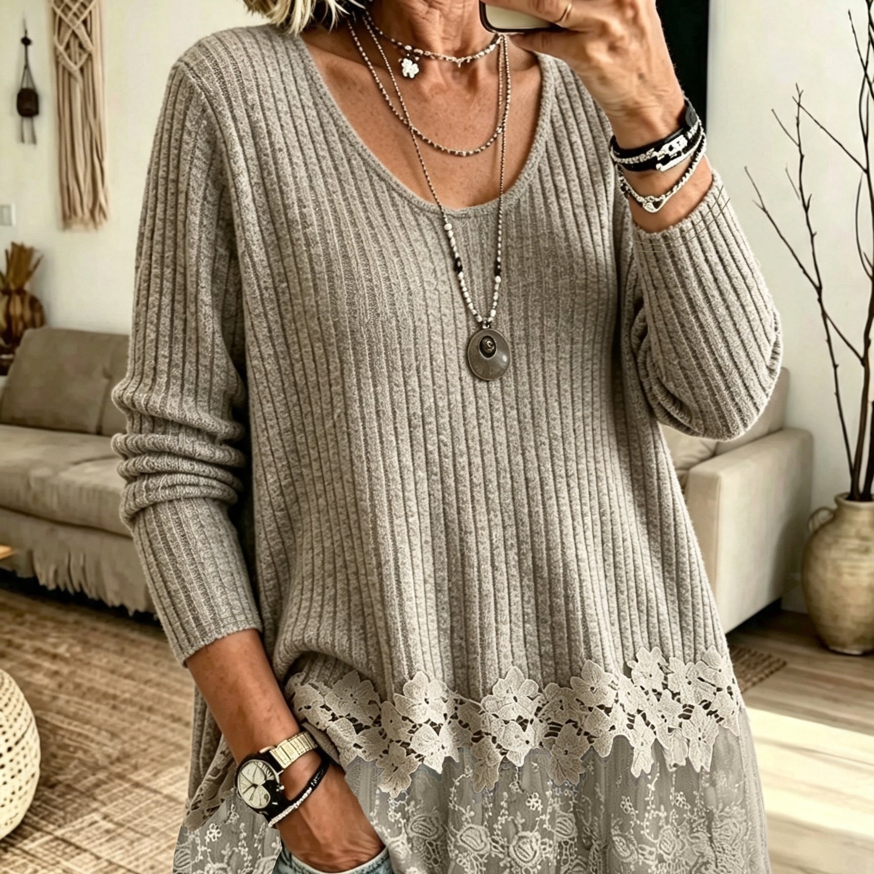 TEMU Plus Size, New Autumn/winter : Women's Plus Size Fashionable Solid Color Ribbed Double-layer Lace Trim Long Sleeve Top