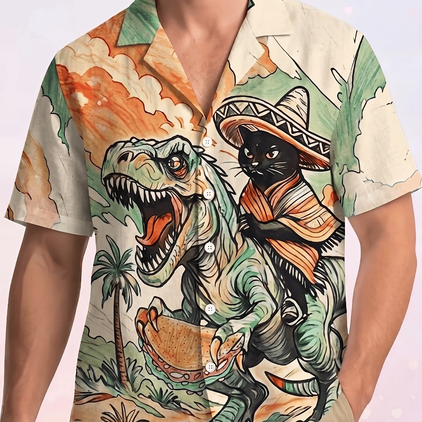 TEMU Men's Shirt 2026 's Riding Dinosaur Summer Shirt, Short Sleeve Button-up Shirt, With Mexican Taco Pattern, Casual Summer Beach Vacation Wear,