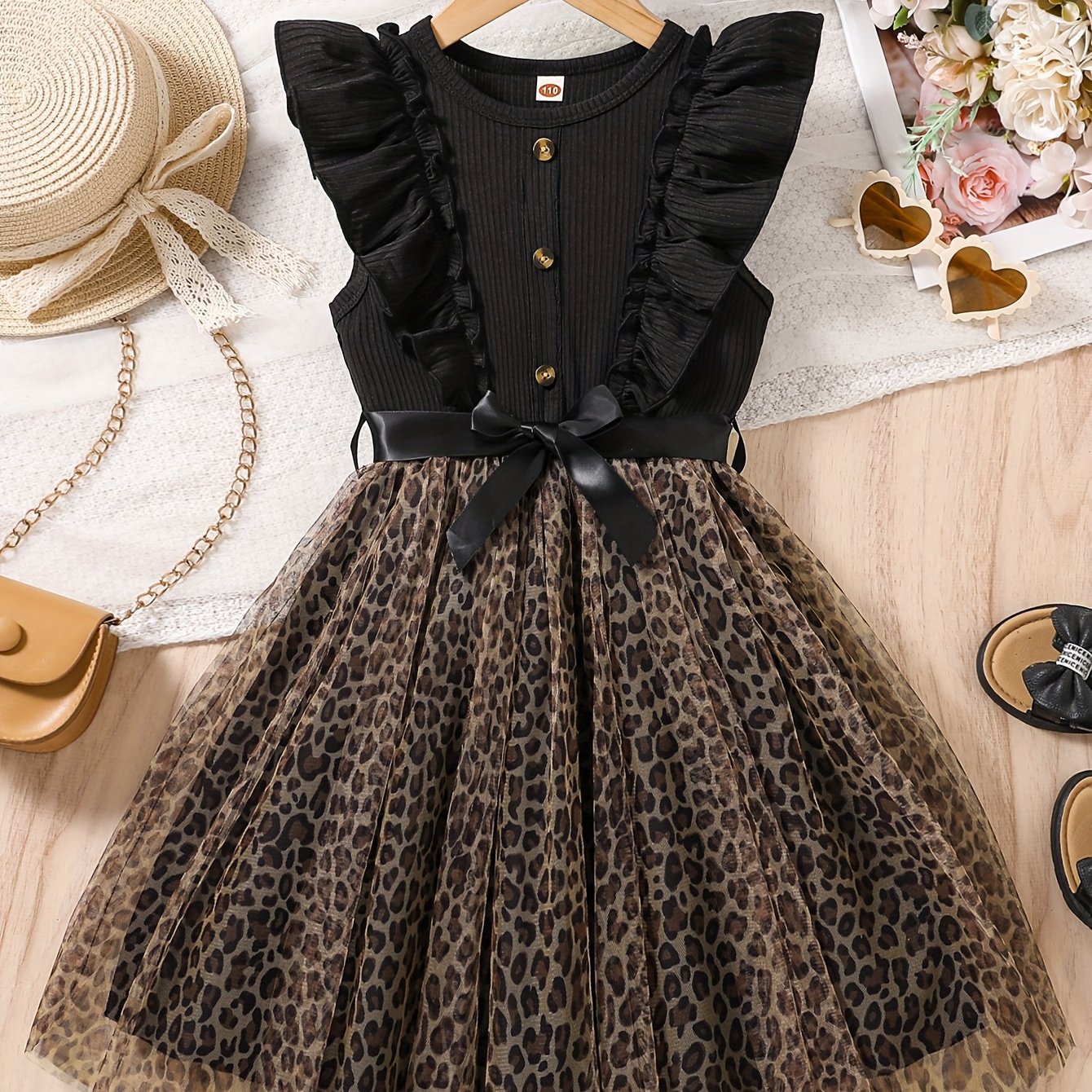 Girl's Sweet And Cool Leopard Print Dress With Flutter Sleeves, Mesh Flared Princess Dress, Stylish Bow Waist Cinching Children's Birthday Performance Dress