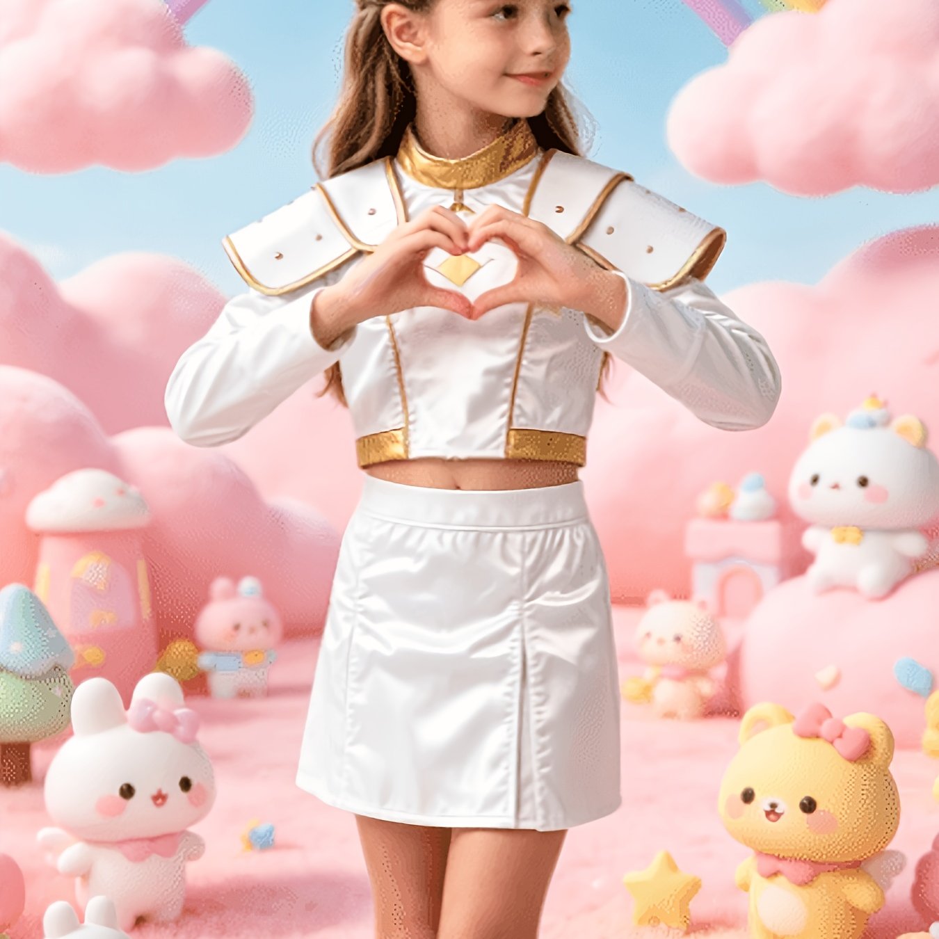 Image of Girls' Suit, Iridescent Short Long-sleeved Top With 3d Shoulder Armor And Elastic Waist Shorts, Suitable For Role-playing And Stage Performance .