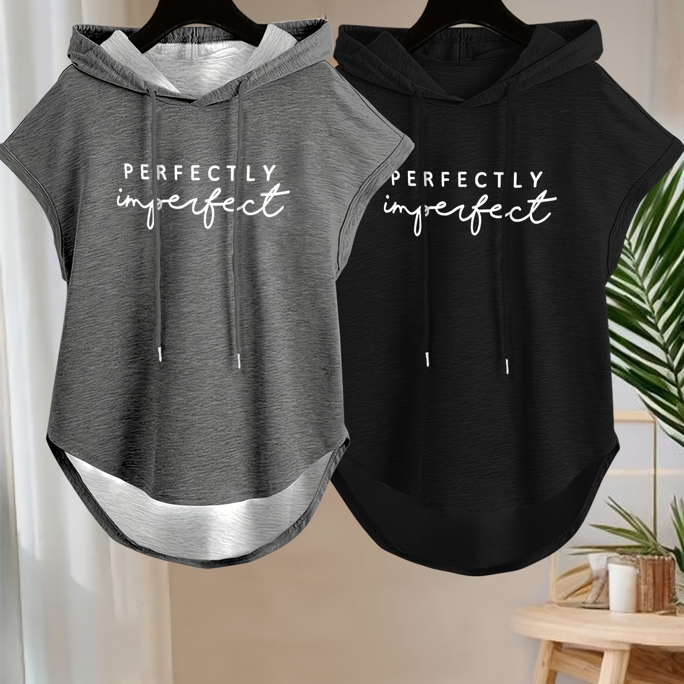 TEMU 2pcs Women' Hooded Sleeveless T-shirt - Loose Fit Short Front/long Back Blouse Suitable For Spring/autumn, Machine Washable Non- Top With Hooded