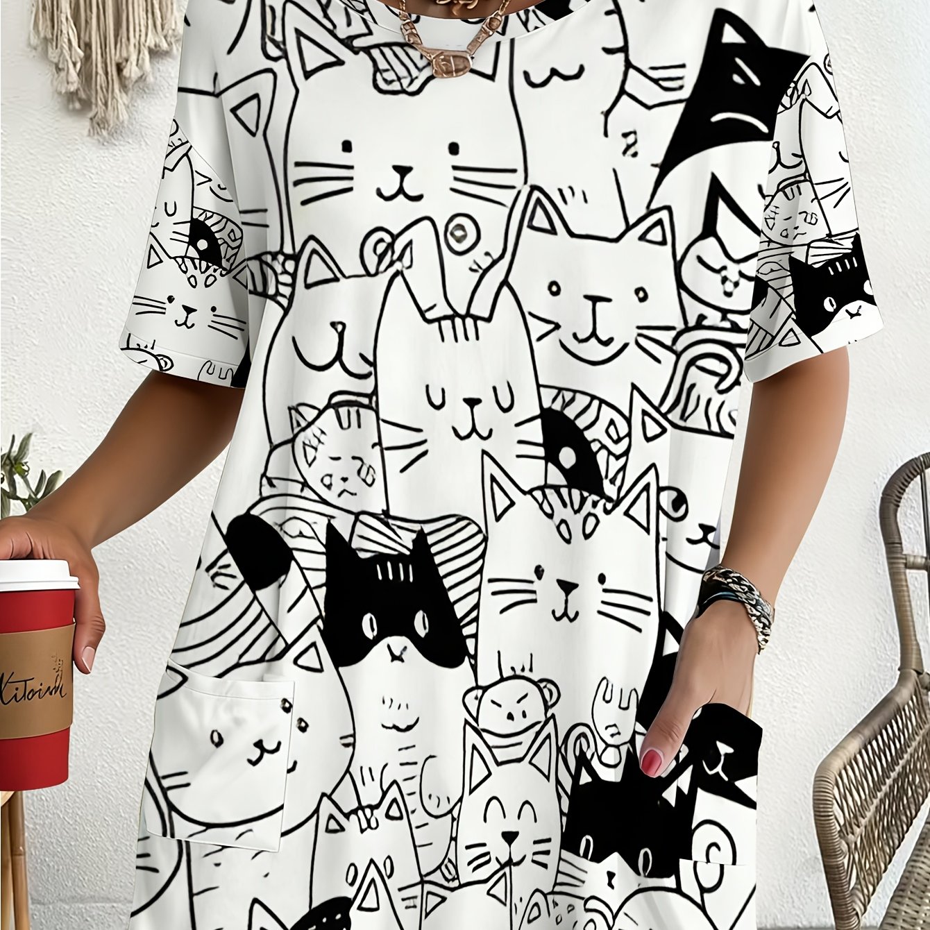 TEMU Womens Large-sized T-shirt With Cat Illustration Design, Casual Pocket T-shirt, Suitable For Daily , Campus Life, Beach Vacation, Shopping