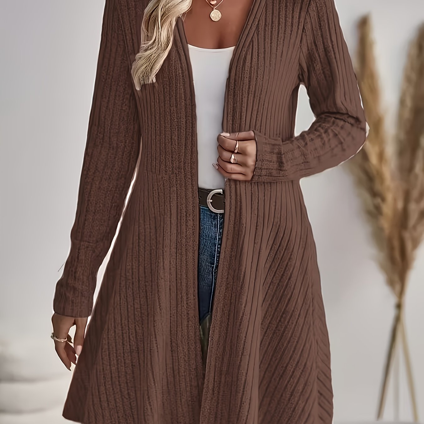 TEMU Cárdigan de color liso para mujer de /otoño, chaqueta casual acanalada
