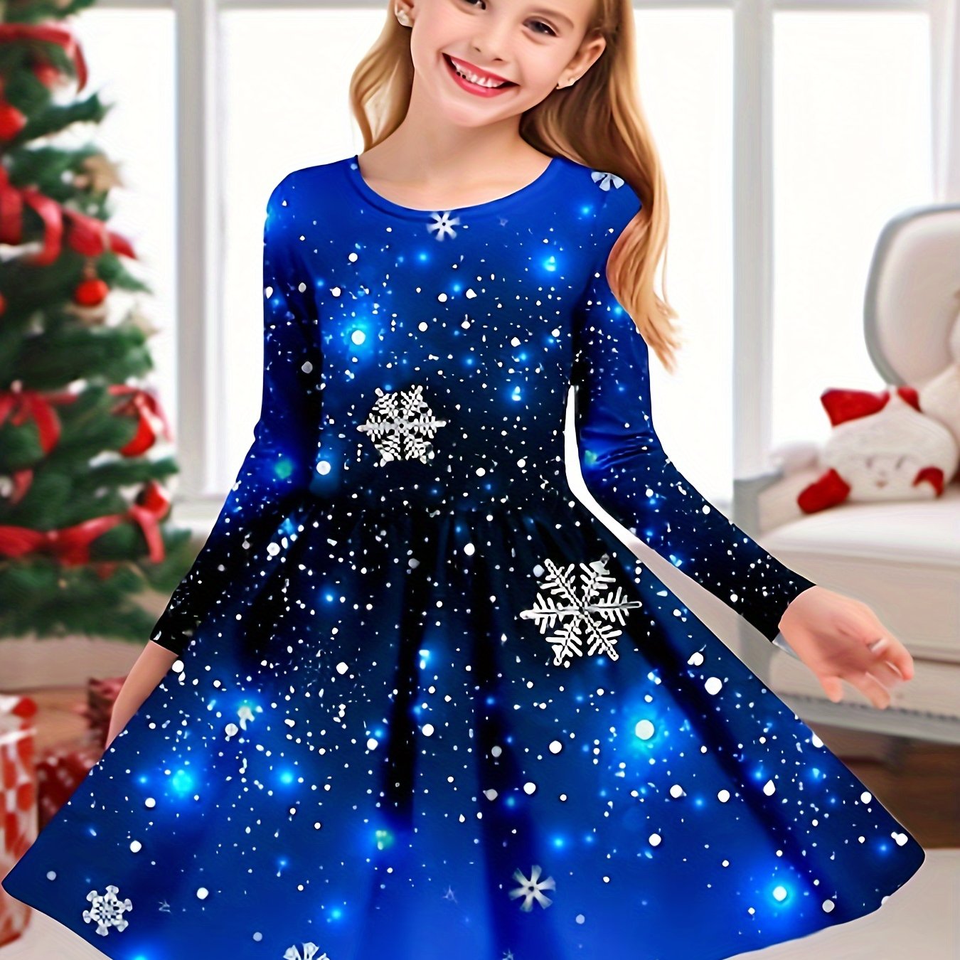 Image of Girls' 3d Snowflake Dress Long Sleeve 3d Printed Autumn Winter Sports And Outdoor Casual Holiday Cute Casual Beautiful Children 3-12 Years Old Casual Dress 1pc Skirt Above Knee Regular Fit