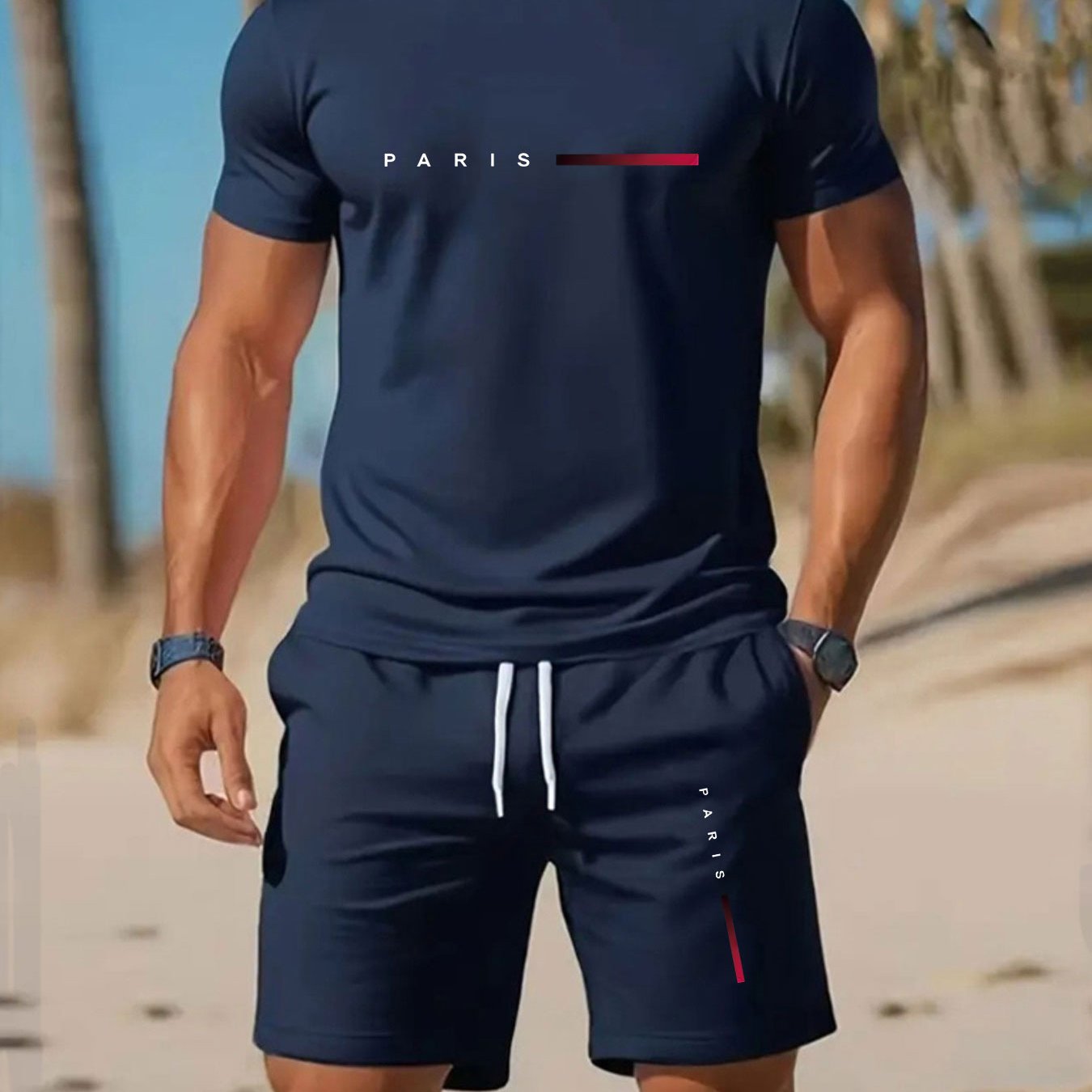 TEMU Men's New T-shirt Round Neck Fashion Trendy Sports Casual Set Short Sleeve Short Shorts Print Breathable