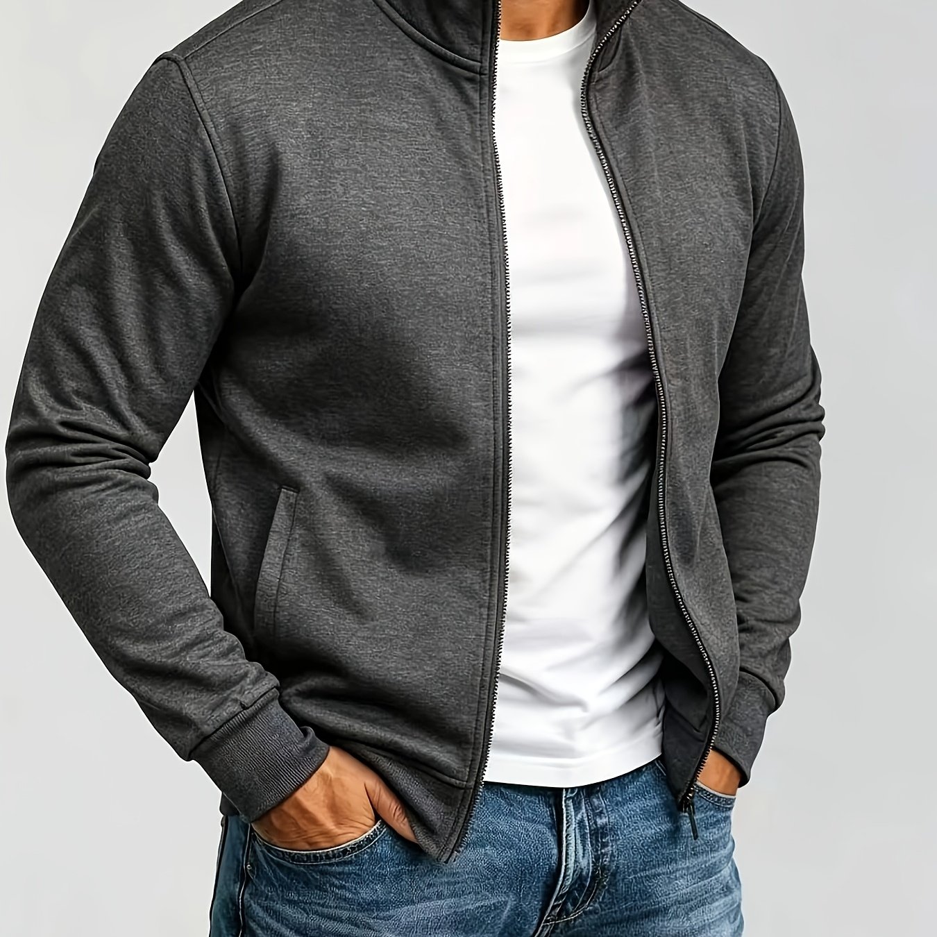 TEMU Men's Fashion Full-zip Sweatshirt, Casual Zip-up Stand Collar Sweatshirt, Autumn Essentials