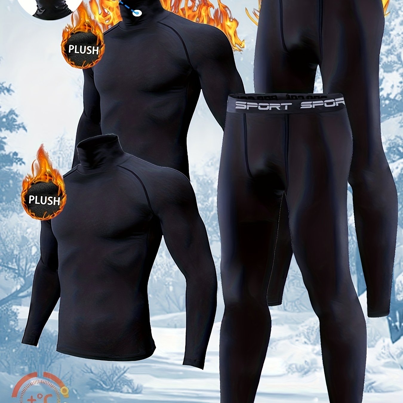 TEMU 4pcs Men's Plush Thermal Underwear Set, Black High-neck With Sport Waistband, 24h Heat For Winter Sports, Snow Activities And Cold Weather