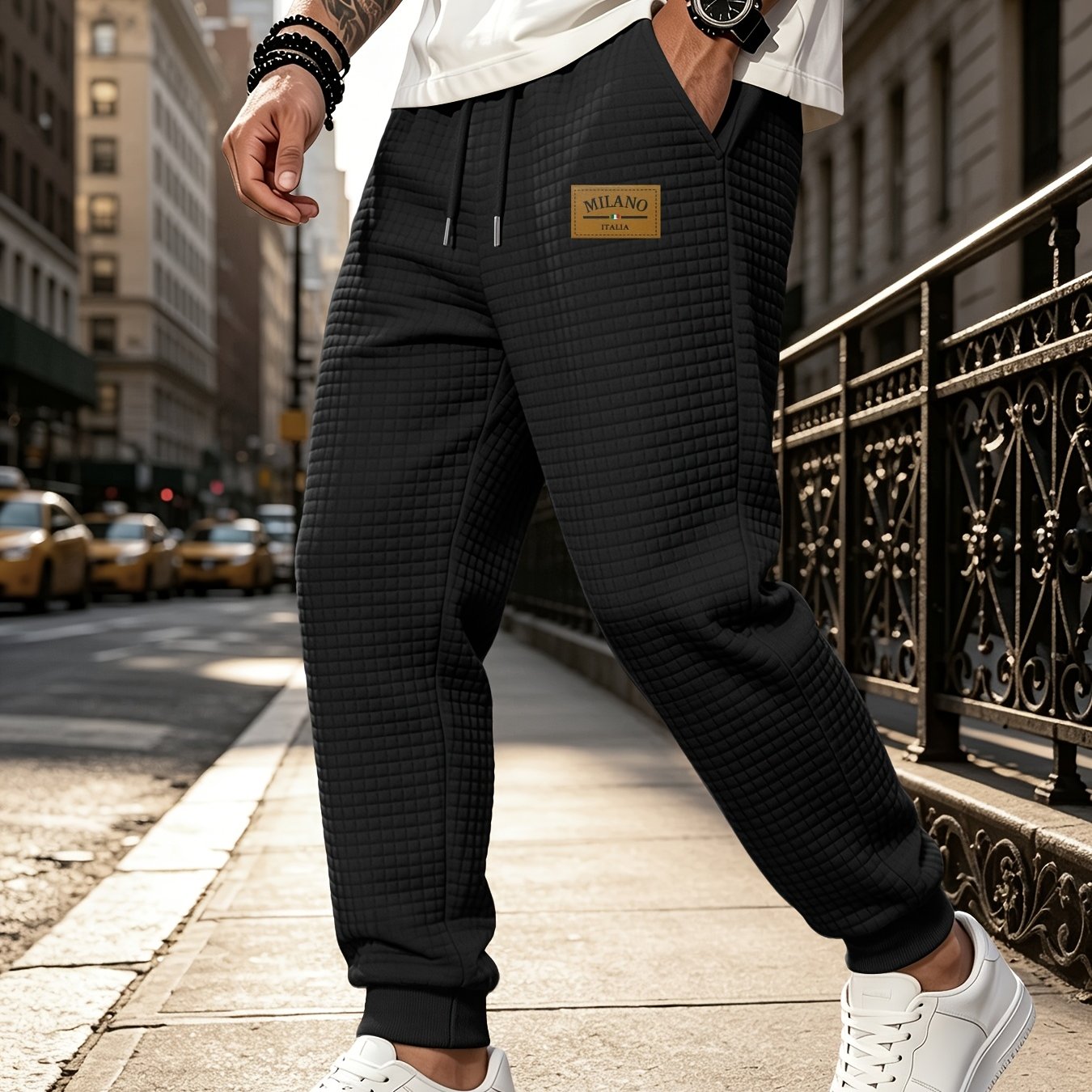 TEMU Men's Autumn Winter Casual Jacquard Small Check Ankle-cinching Trousers, Trendy Print Logo Fabric Comfortable And Warm, Suitable For Daily ,