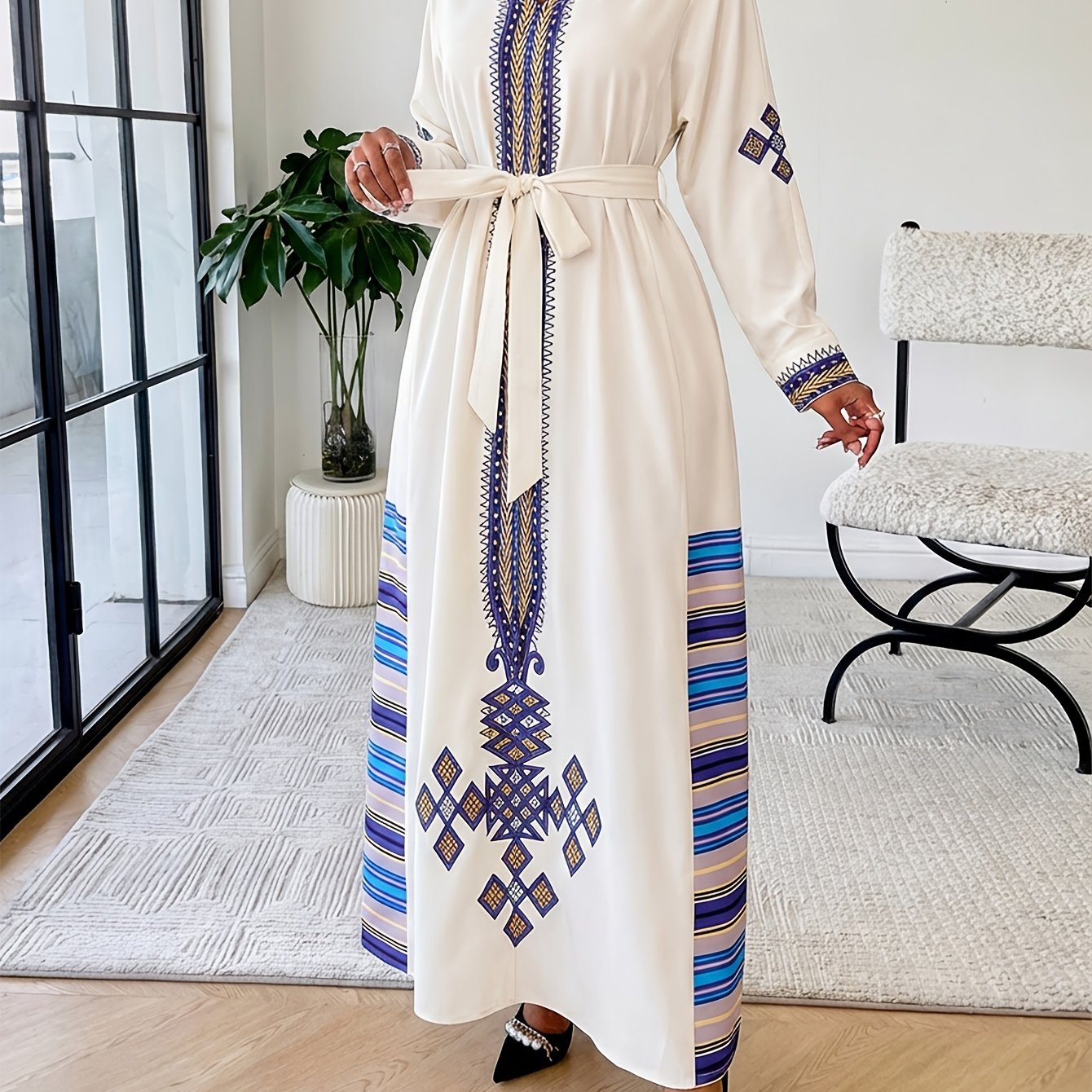 E-shop Vintage Ethno-Stil Geometrisches Muster Maxikleid, Lockere Patchwork-Streifen-Tunika, Bequemes Hochdichte-Chiffon, Ideal für Frühlingshochzeiten