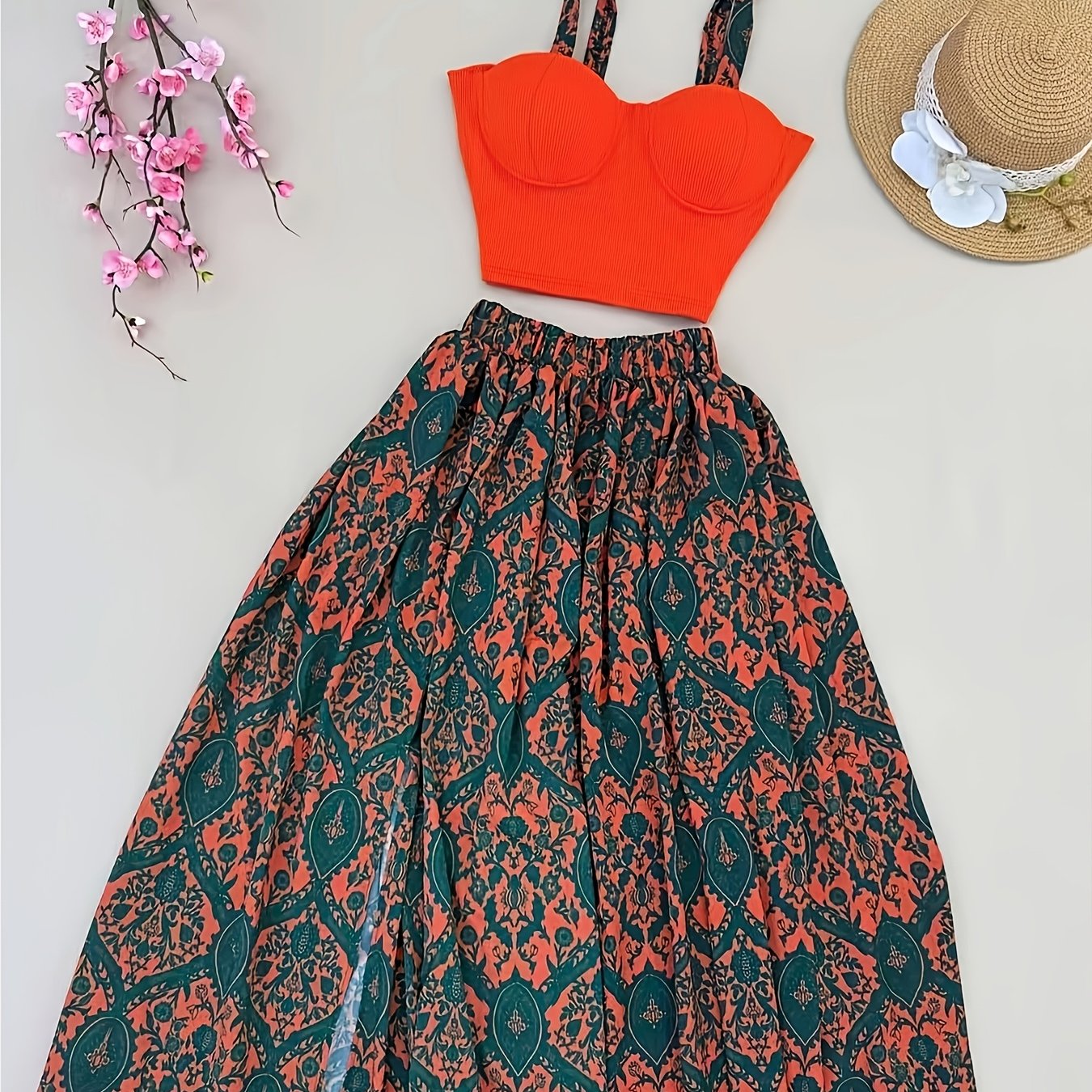 TEMU Set Vintage da Donna con Stampa, Cami Estivo con Lacci e Gonna e Set 2 Pezzi con Gonna
