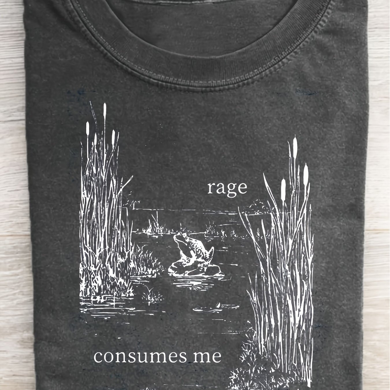 TEMU 1pc Men's Vintage Washed T-shirt With Rage Consumes Me Frog Print Hip Hop Streetwear Style, Soft Texture, Casual Tee For Travel, Party And