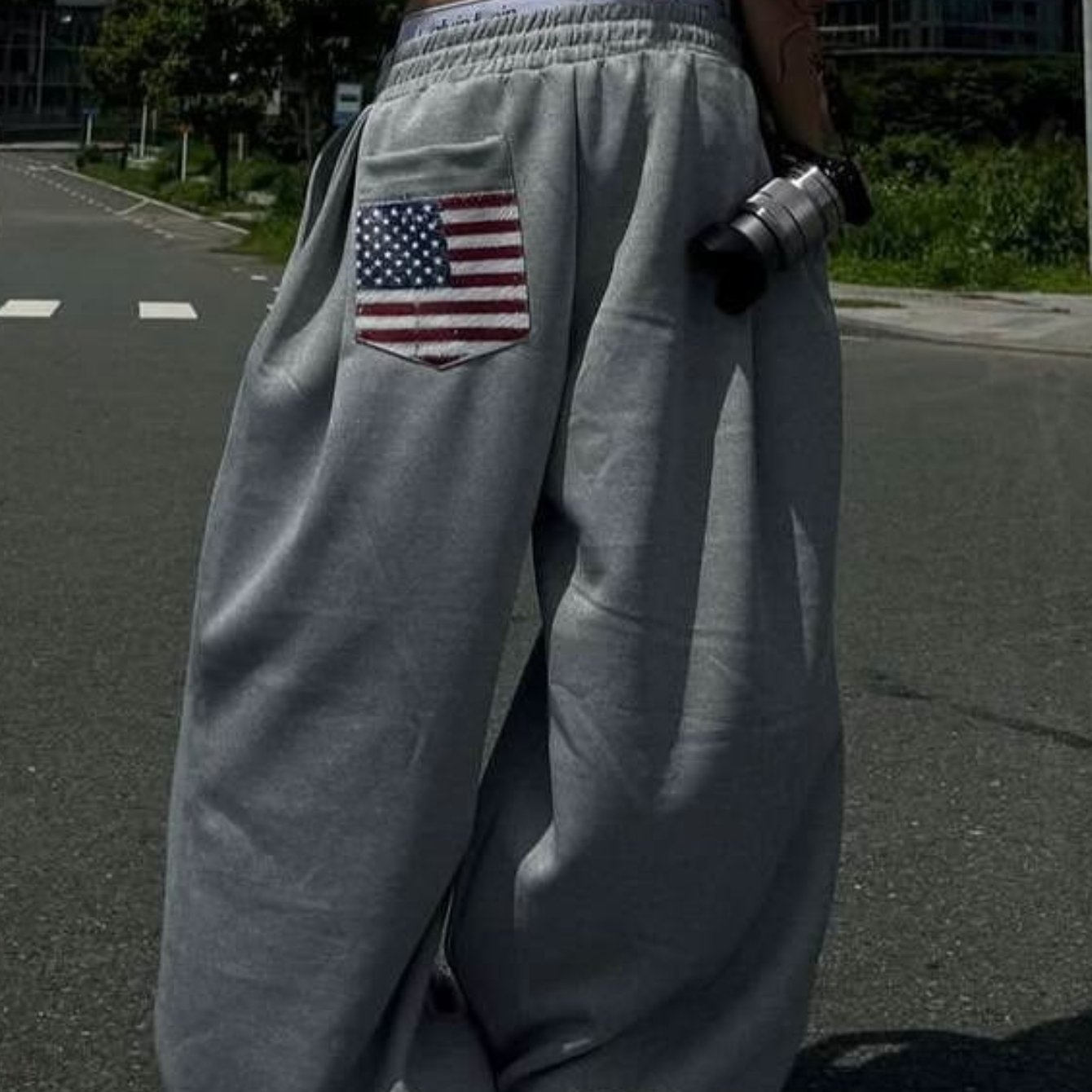 Image of Y2k Women's Casual Style Jogger Pants With Back Pocket And Flag Elastic Waist Straight Loose Wide Leg Pants