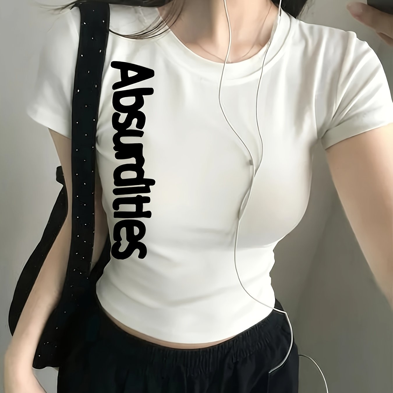 TEMU 디렉셔널 블랙 레터 프린트 레귤러 핏 반팔 티셔츠, 남녀공용 캐주얼 상의