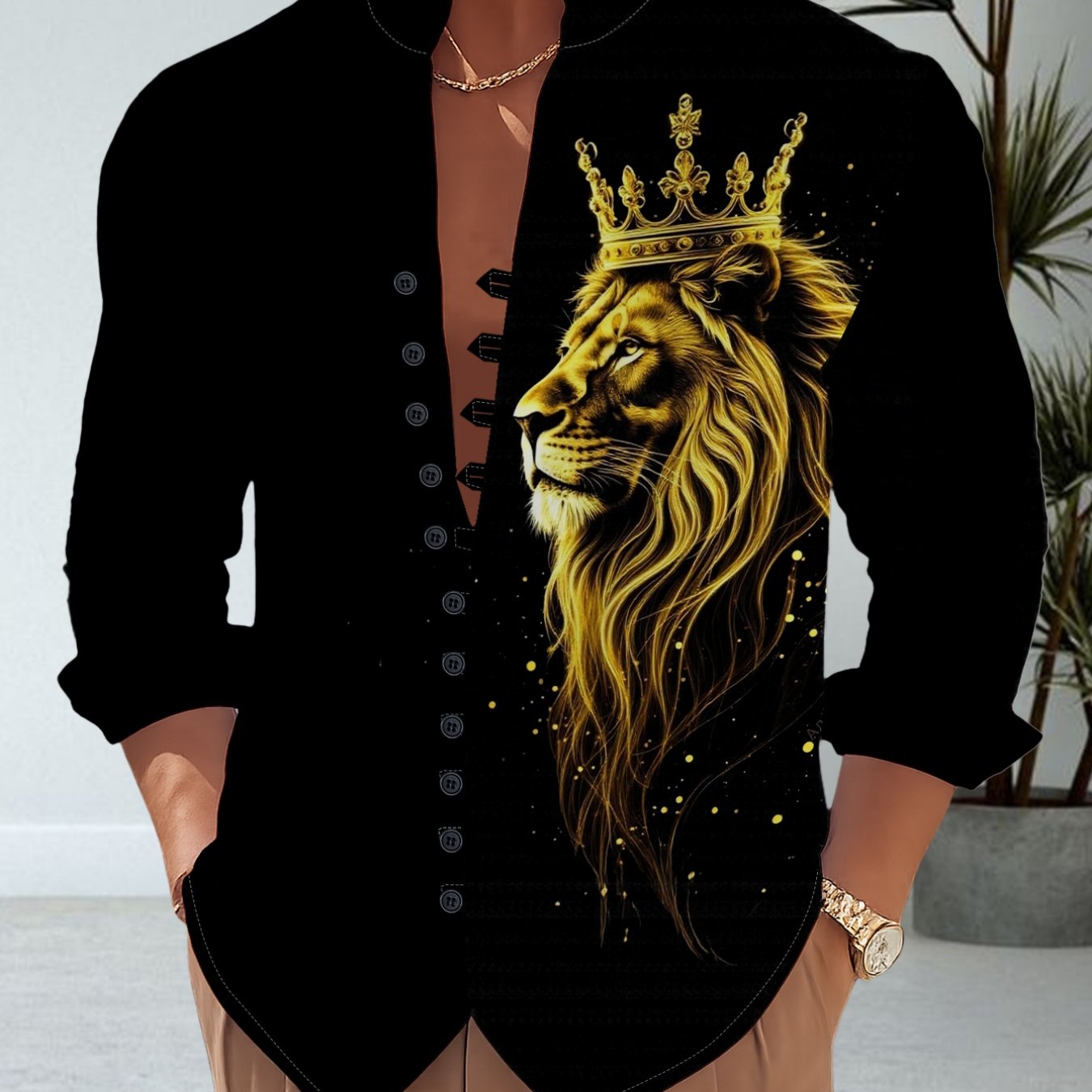 TEMU Men's Autumn Collar Eleven-button Long-sleeve Shirt Trendy Lion Crown Personality Top||