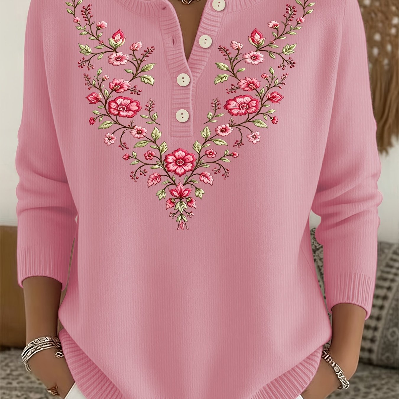 TEMU Women's New Fashionable Half-button Sweater, Featuring A Round Neck And Long Sleeves, With A Beautiful Printed Design. A Stylish, Trendy, And