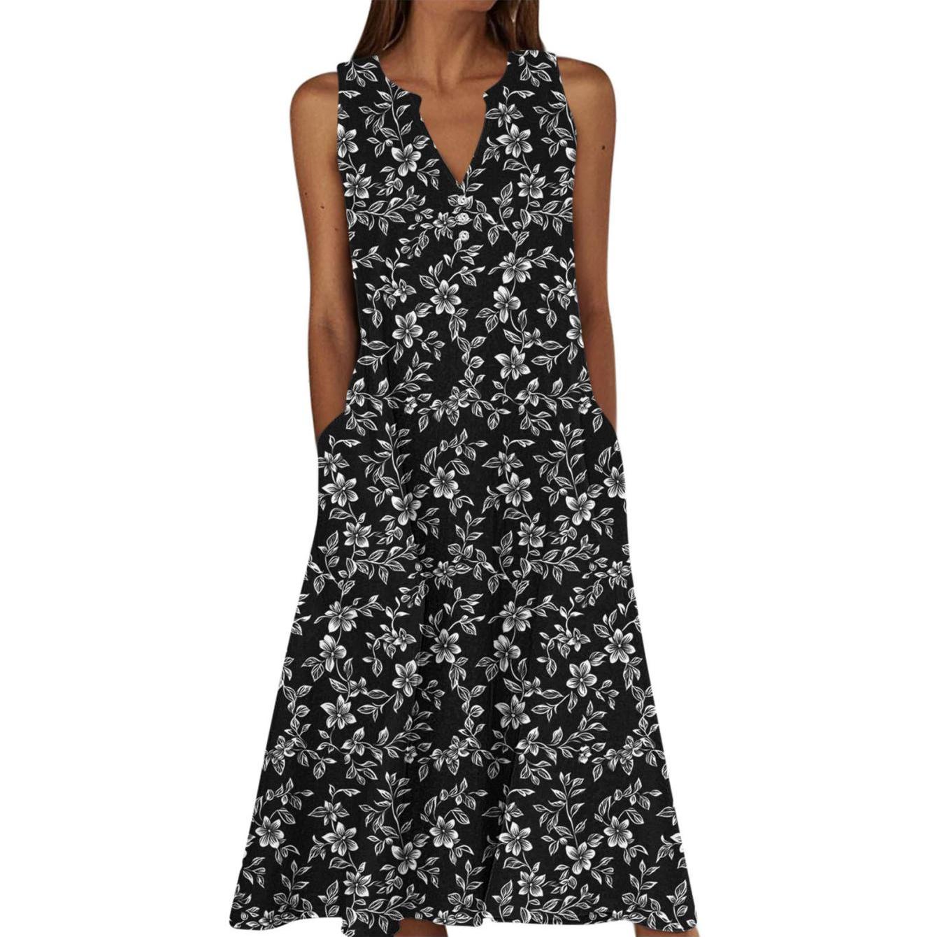 Image of Women's Floral Print V Neck Sleeveless Maxi Dress Casual Summer Beach Dress