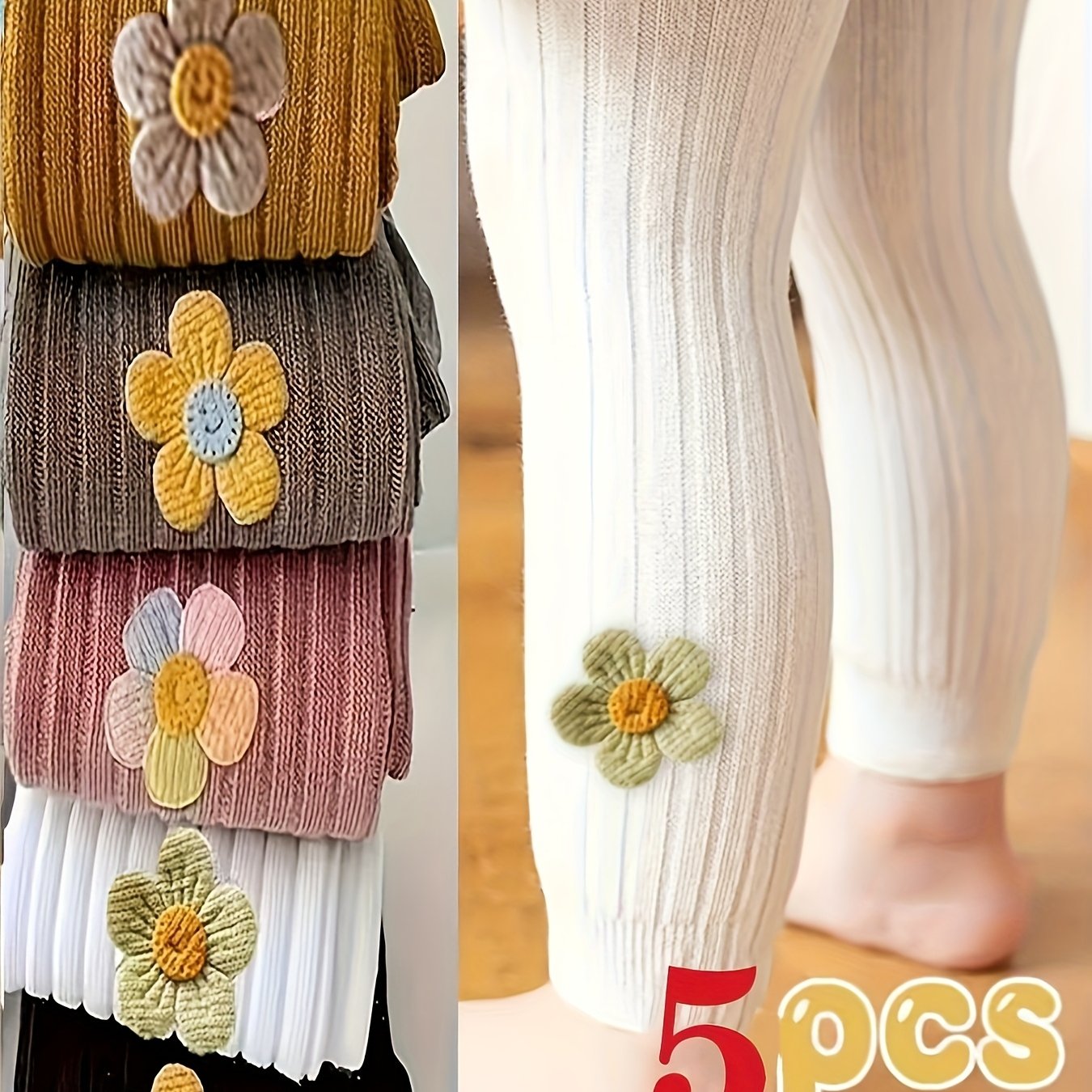 TEMU Random 5 Pairs Of Soft And Stretchy Girls' Ribbed Leggings | Bright Colors, Comfortable And Close-fitting, Polyester/spandex Blend | Adorable