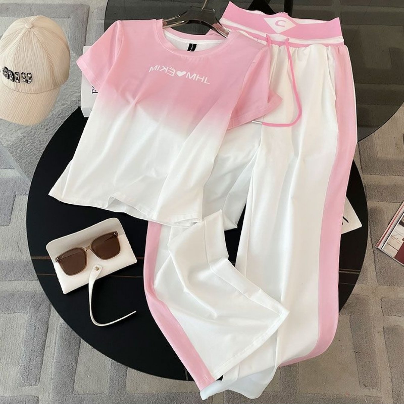 TEMU Casual Sportswear Set Women, Summer 2026, Gradient Short-sleeve Top And Wide-leg Pants 2pcs Set, Stylish And