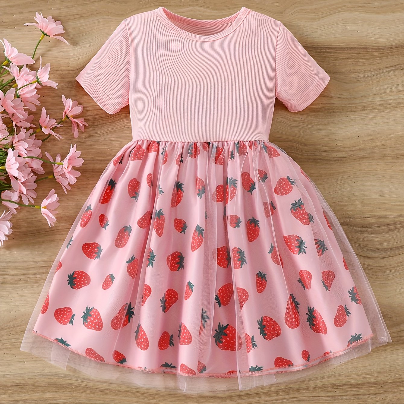 Image of Girl's Ribbed Short Sleeve Spliced Strawberry Print Mesh Skirt Summer Dress, Casual Outing Children's Birthday Party Dress