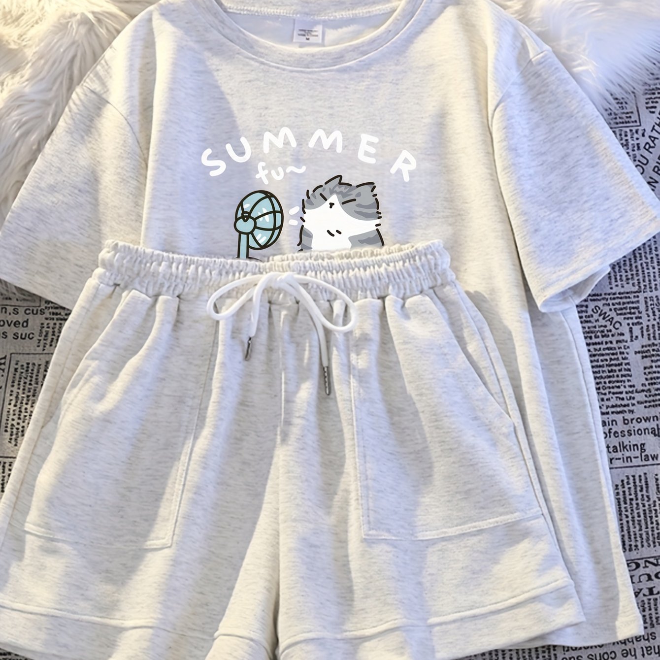 TEMU 新作 夏用半袖セット 巾着ショーツ付き かわいい猫と扇子柄 快適で多用途、ック