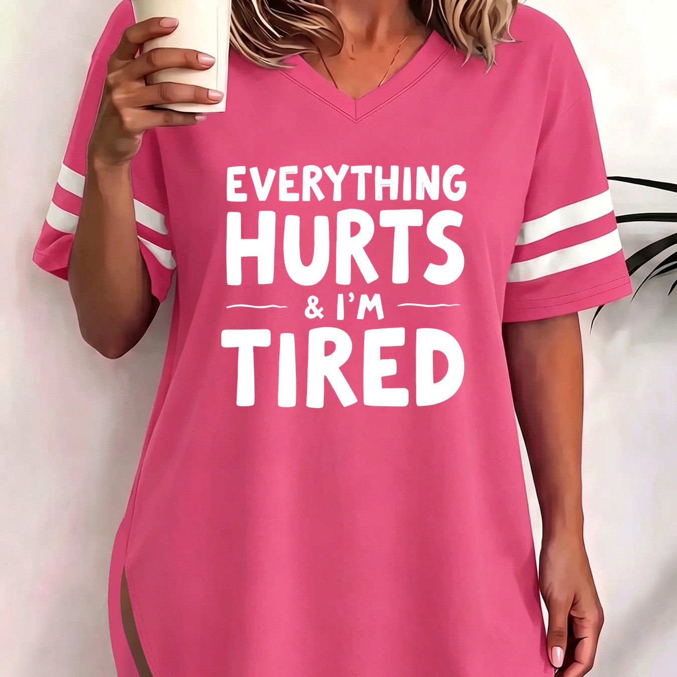 TEMU Plus Size, "everything And Im Tired" Women's Oversized T-shirt (1xl-8xl) - Funny Self-deprecating Slogan Tee With V-neck & Slit Hem, Plus Size