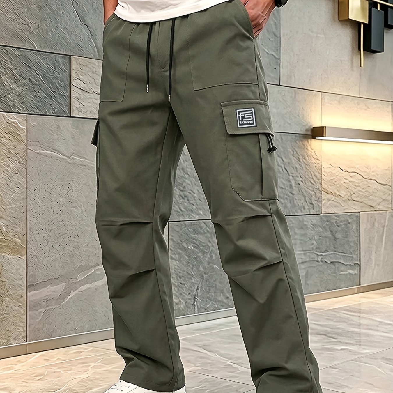 TEMU 2026 's Fashion Cargo Pants, Spring Autumn Loose Multi-functional Letter Patch Multi-pocket With Drawstring Waistband, Casual Daily Outdoor