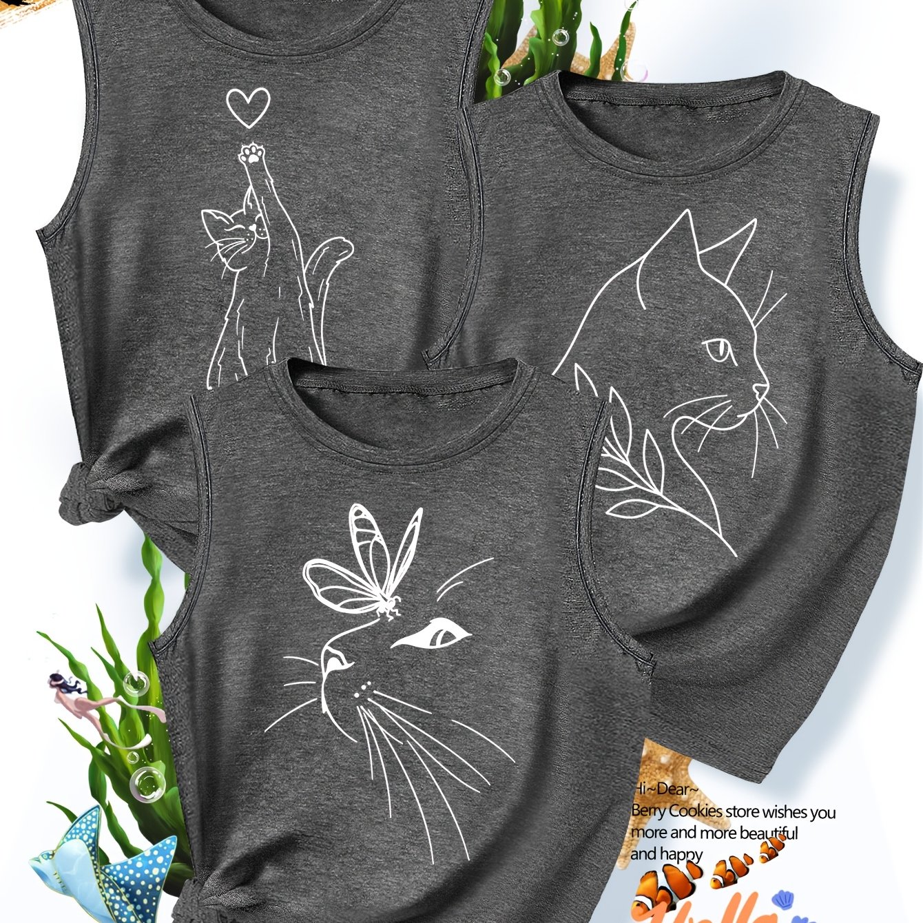 TEMU Three- Outfits For Featuring Stylish And Elegant Cat Prints, Perfect For Summer Casual Sports. Soft And Comfortable Round-neck Vests In Sizes
