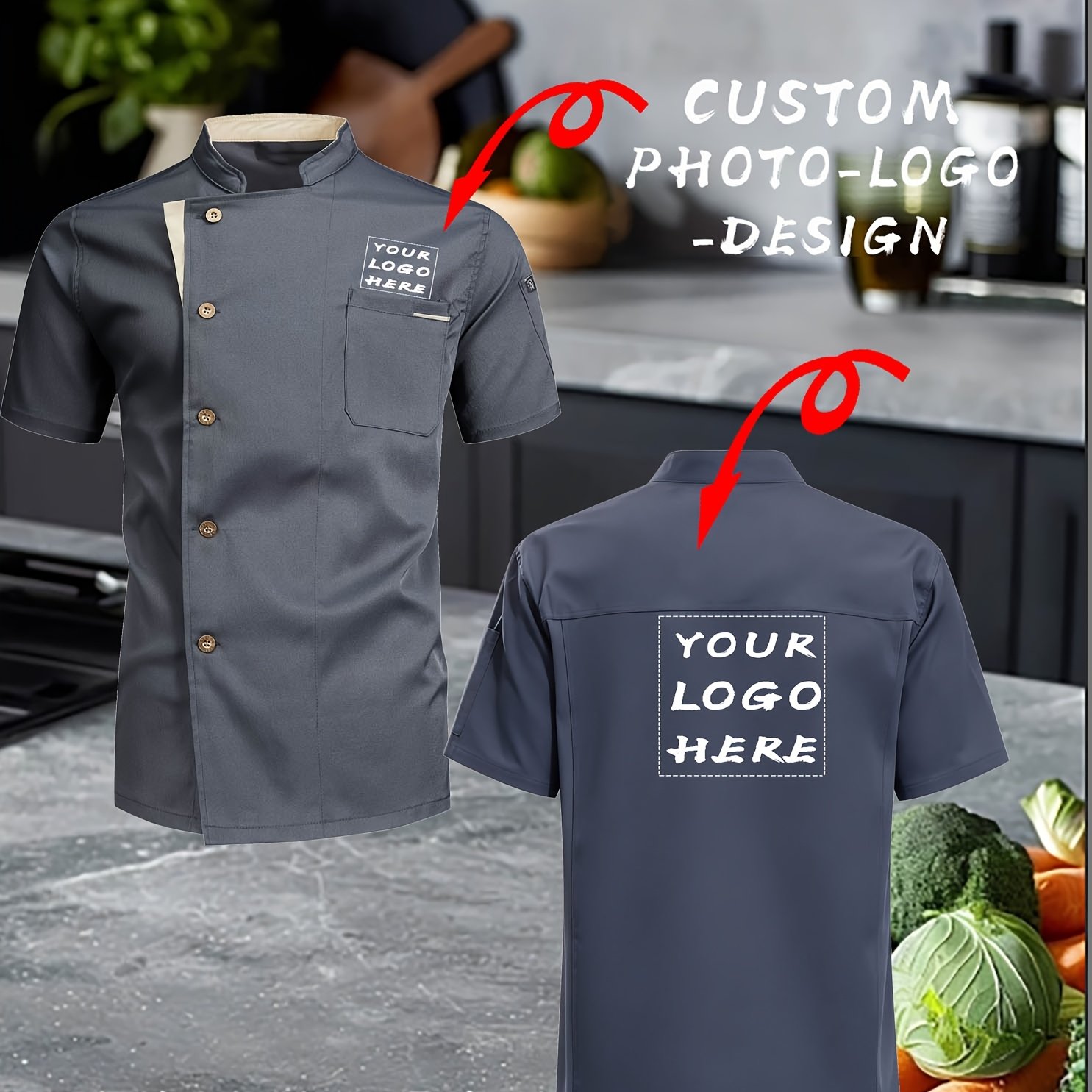 TEMU Camisa de Chef de Manga Corta Personalizada, con Logo Personalizado y Diseño de Dorado, con Imagen y Texto, ideal para Restaurantes y Hoteles.
