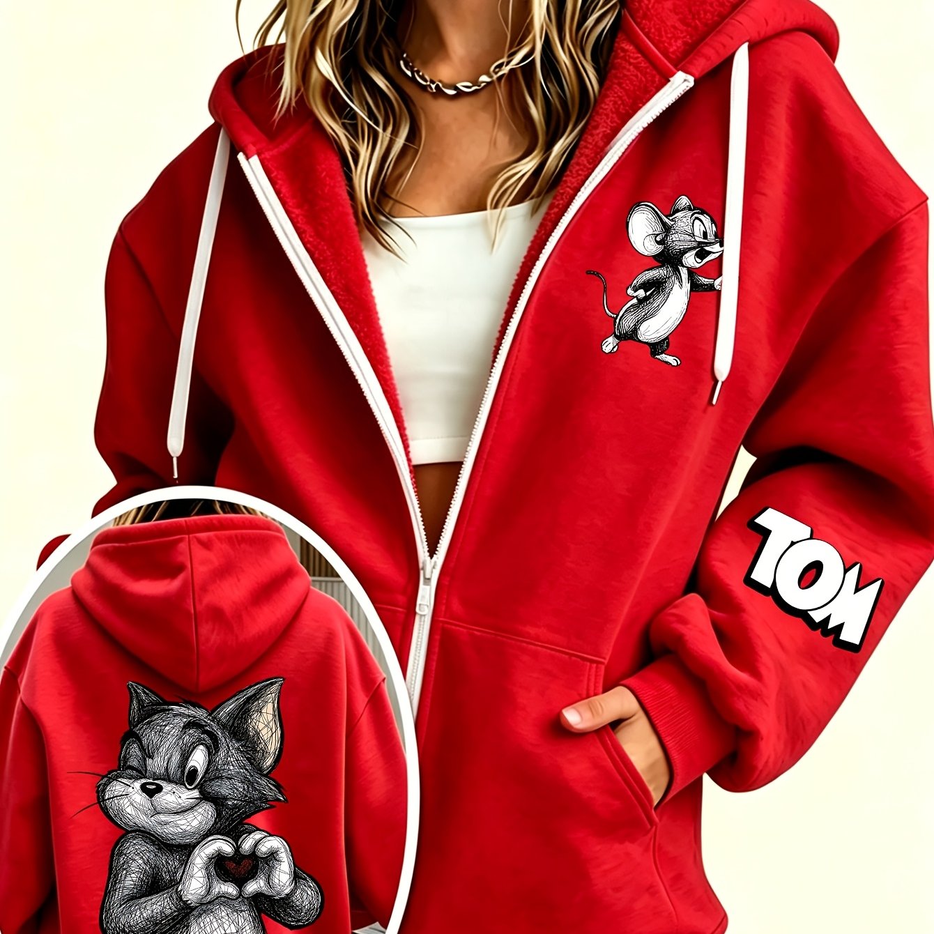 TEMU Genuine Warner . Licensed 2026 Autumn New Women's Zip-up Hoodie Sketch Classic Animation Long Sleeve Top -friendly Casual Versatile Open Front