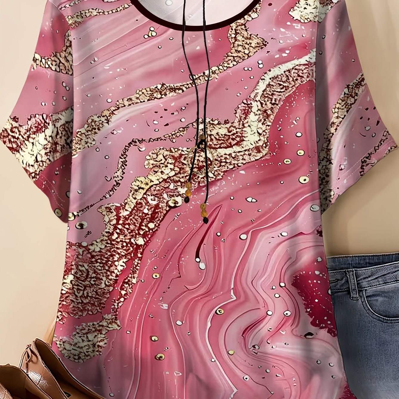 TEMU Plus Size Women's Pink Shimmering Short-sleeve Top, A New Loose-fitting Summer T-shirt Stylish, Versatile, And Designed To While Concealing Any