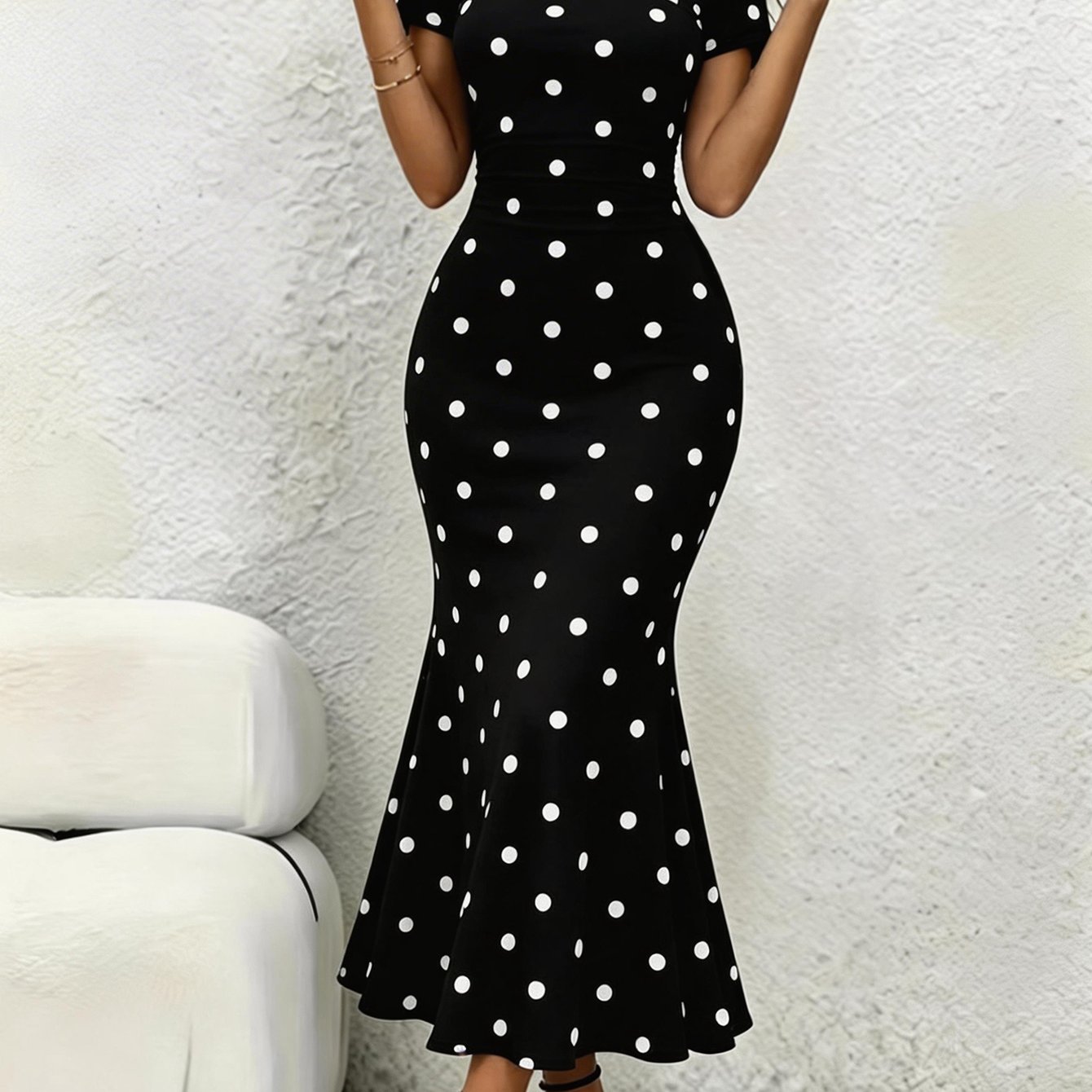 Image of French Retro Polka Dot Asymmetrical Tilted Shoulder Fishtail Dress - Bodycon Maxi Evening Gown With Waist-cinching Hem, Suitable For Parties, Weddings, Prom, Banquets, Dates