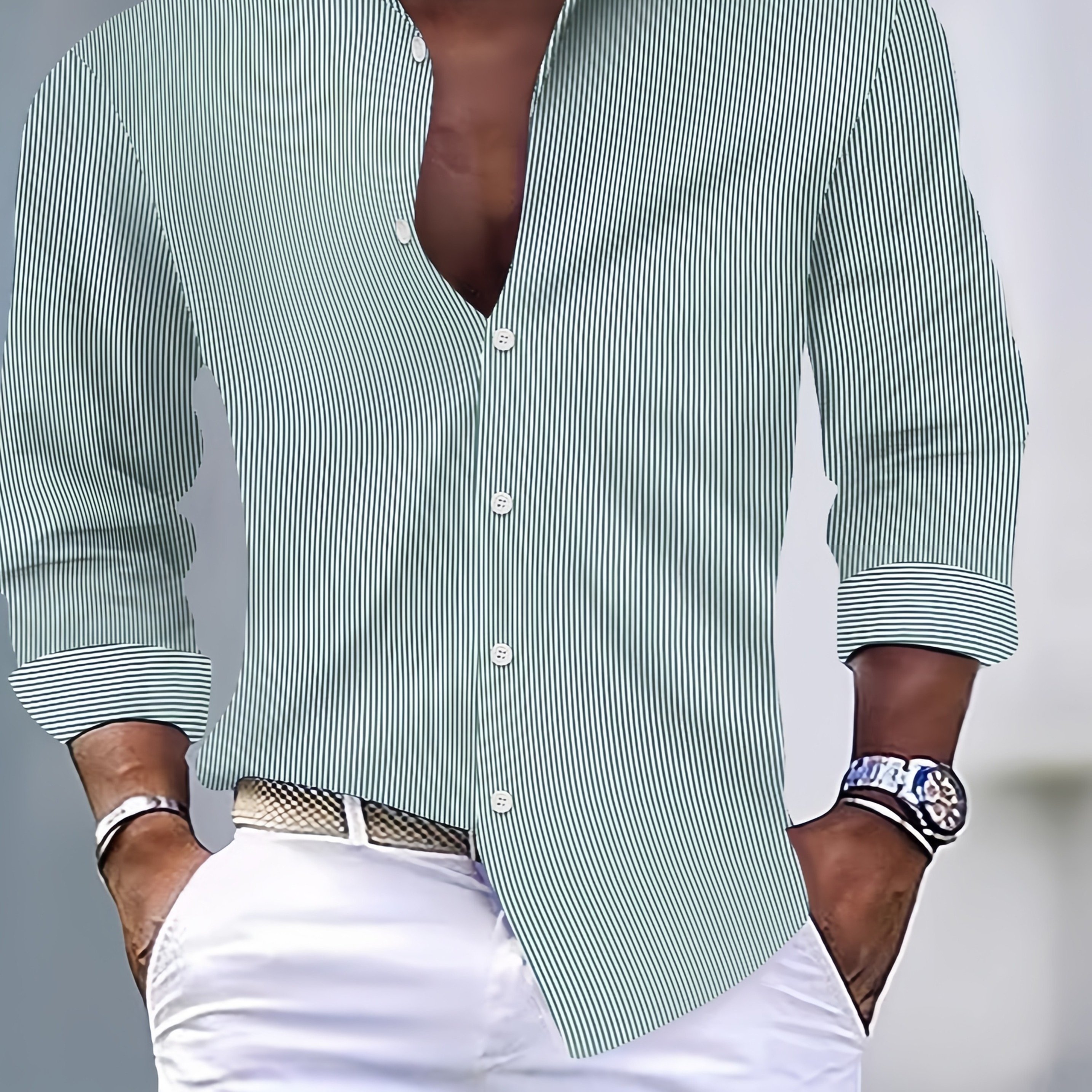 TEMU Spring And Autumn Men's Fashion Evening Striped Casual Comfortable Long Sleeve Shirt