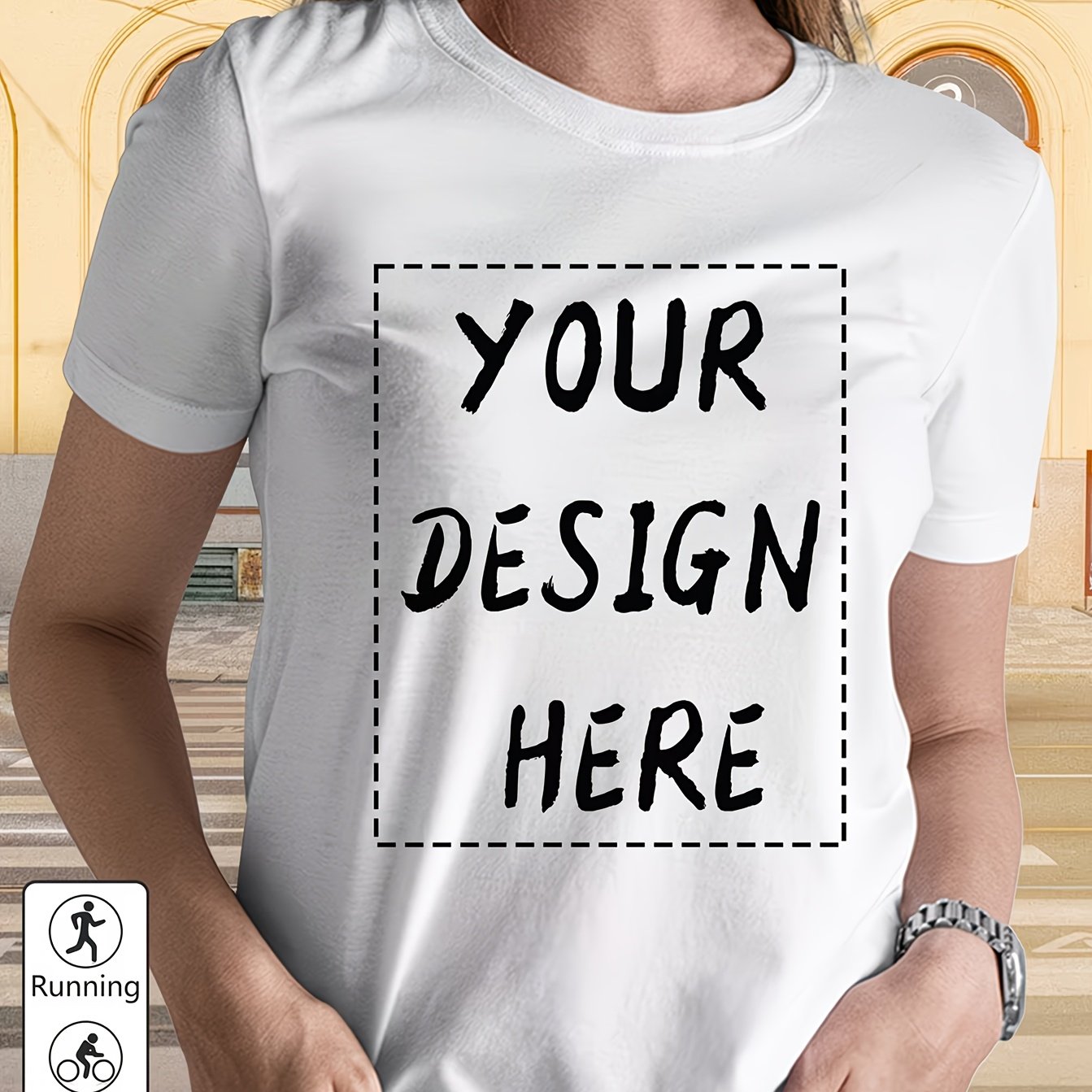 TEMU Customizable Picture And Text Print Women's Casual Short-sleeve T-shirt - Black And White Top T-shirt, Medium Stretch, Machine Washable, Regular