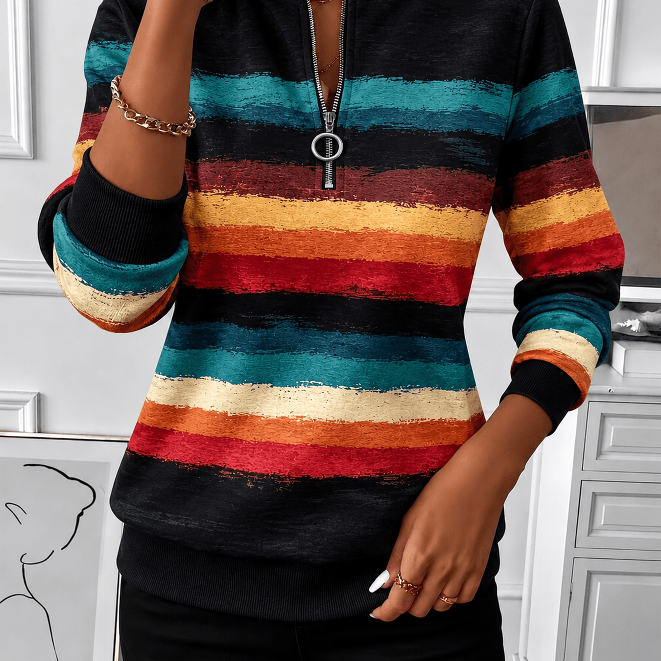 Image of Plus-size Women's Clothing Colorblock Striped Half-zip Pullover Sweatshirt Long-sleeve Crew Neck Fall/winter Casual Wear Perfect For Casual And Athletic Settings
